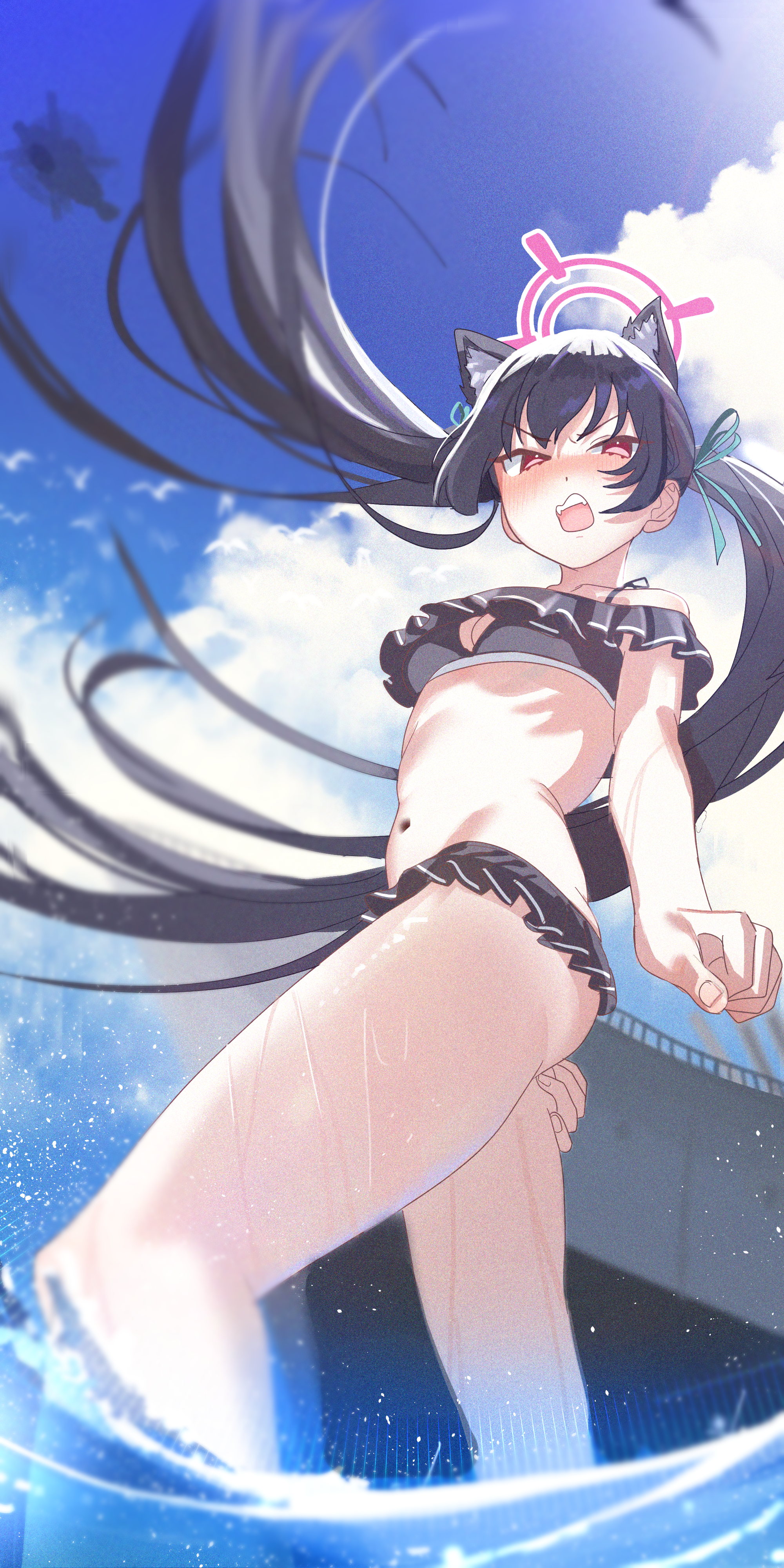 animal_ears ass_grab bikini blue_archive cleavage halo jiki_(gkdlfnzo1245) kuromi_serika nekomimi swimsuits wet