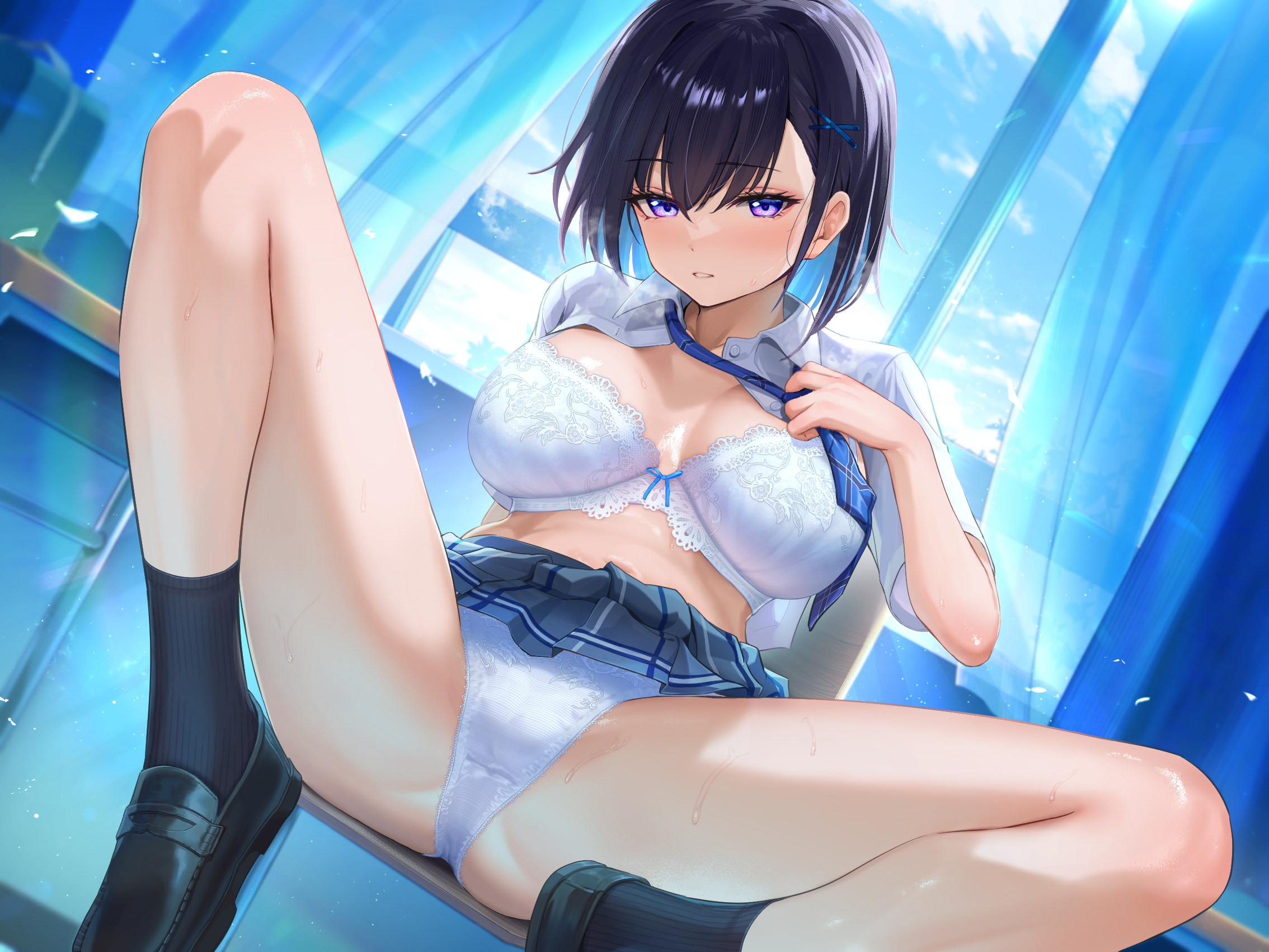 bra maeshimashi open_shirt pantsu seifuku skirt_lift wet