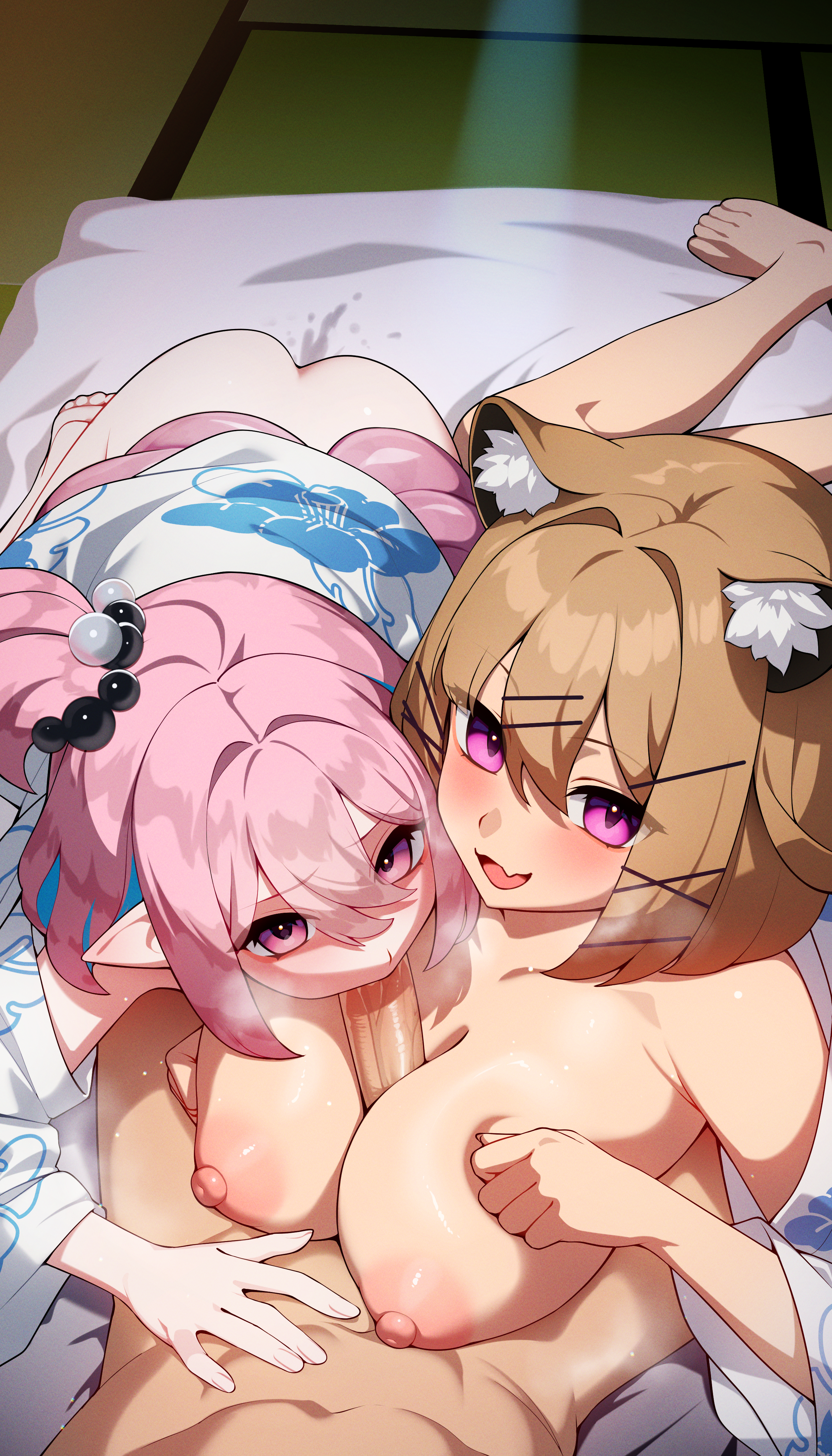 arknights breast_hold breasts ett fellatio kirara_(arknights) monster_girl nipples no_bra nopan open_shirt paizuri penis pointy_ears pussy_juice skirt_lift tentacles uncensored utage_(arknights) yukata