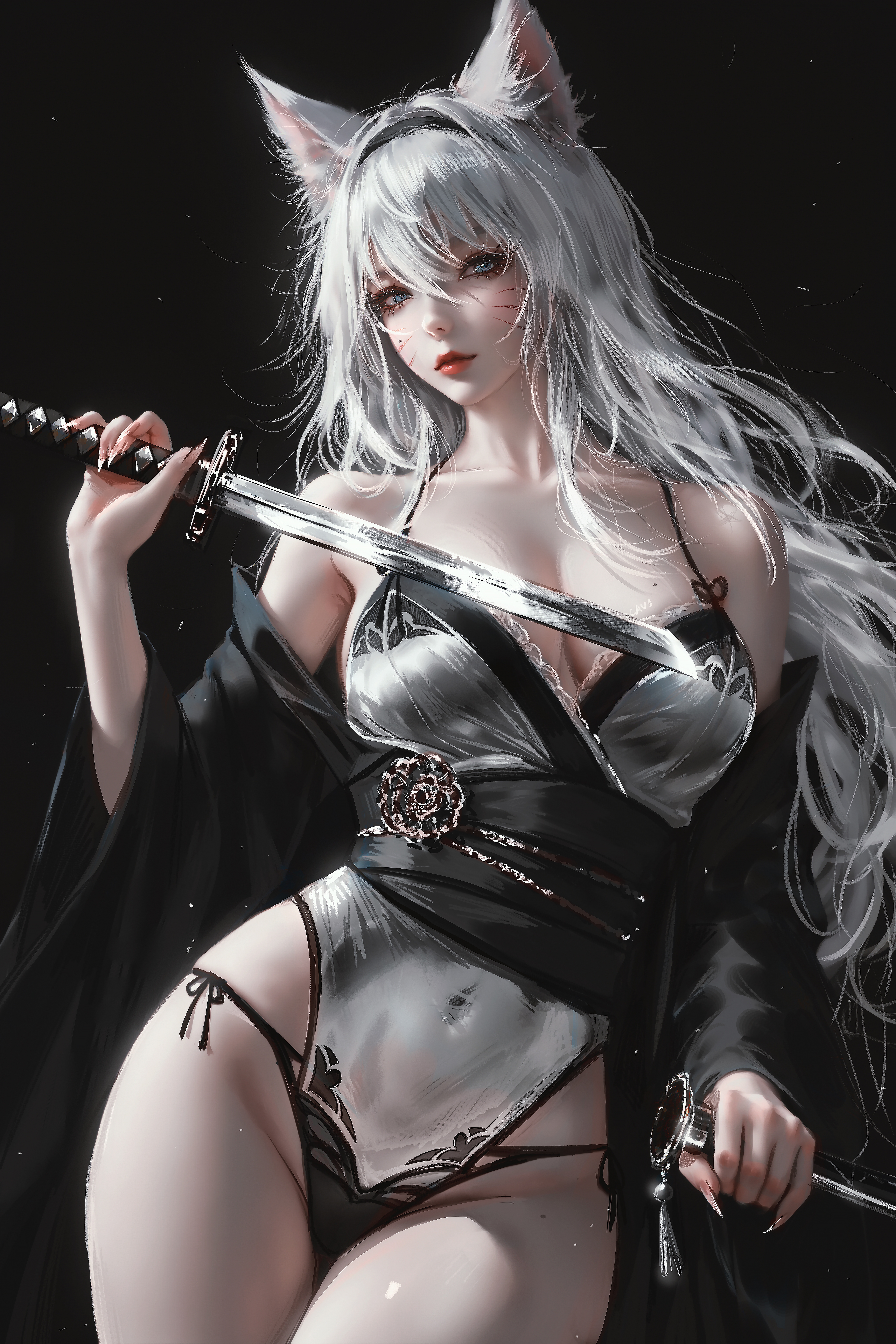 ahri animal_ears cosplay japanese_clothes kitsune league_of_legends nier nier_automata nixeu no_bra pantsu string_panties sword tattoo yorha_no.2_type_b