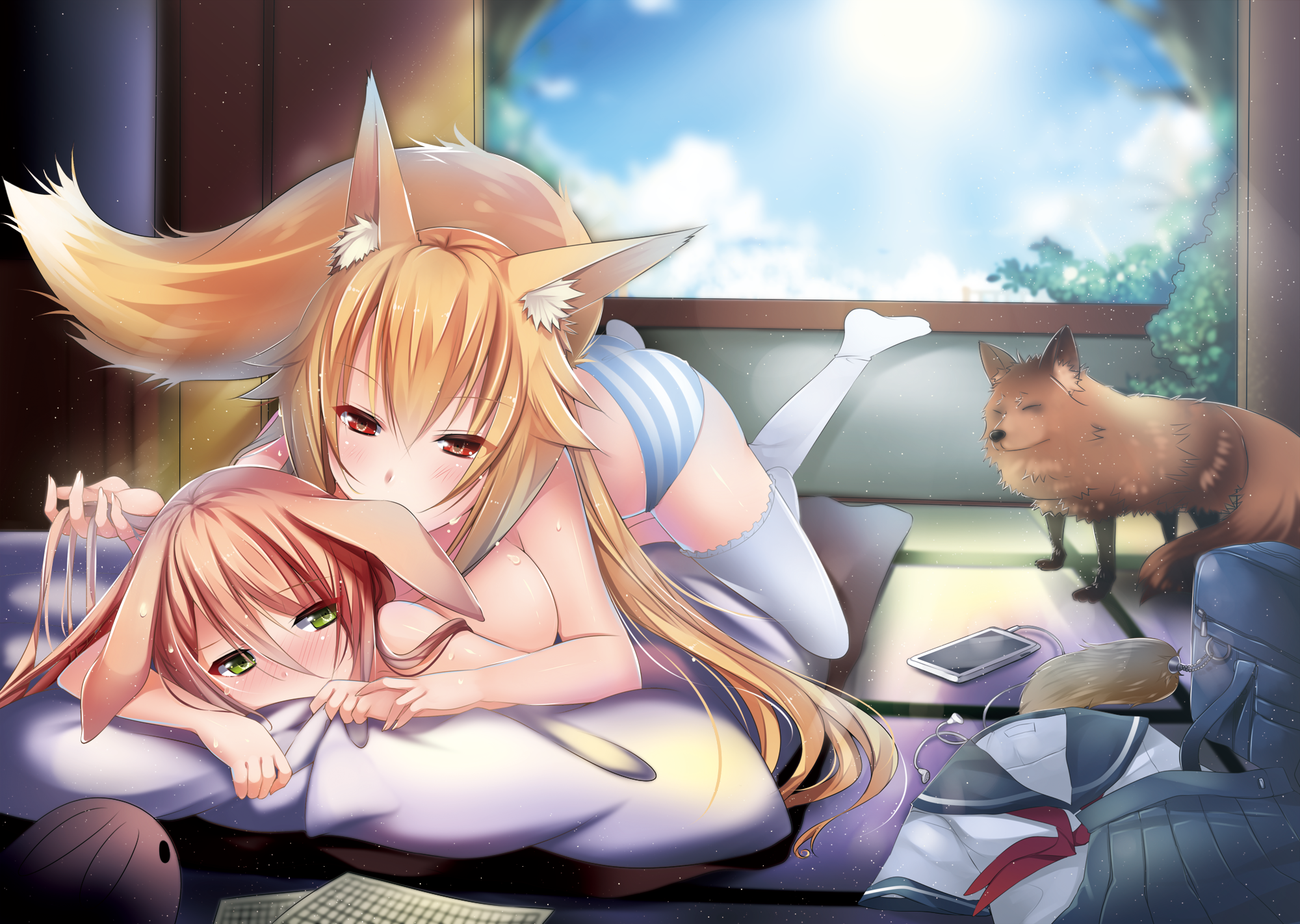 usagihime animal ears bunny ears bunny girl kitsune pantsu shimapan tail  thighhighs topless yuri | #281274 | yande.re