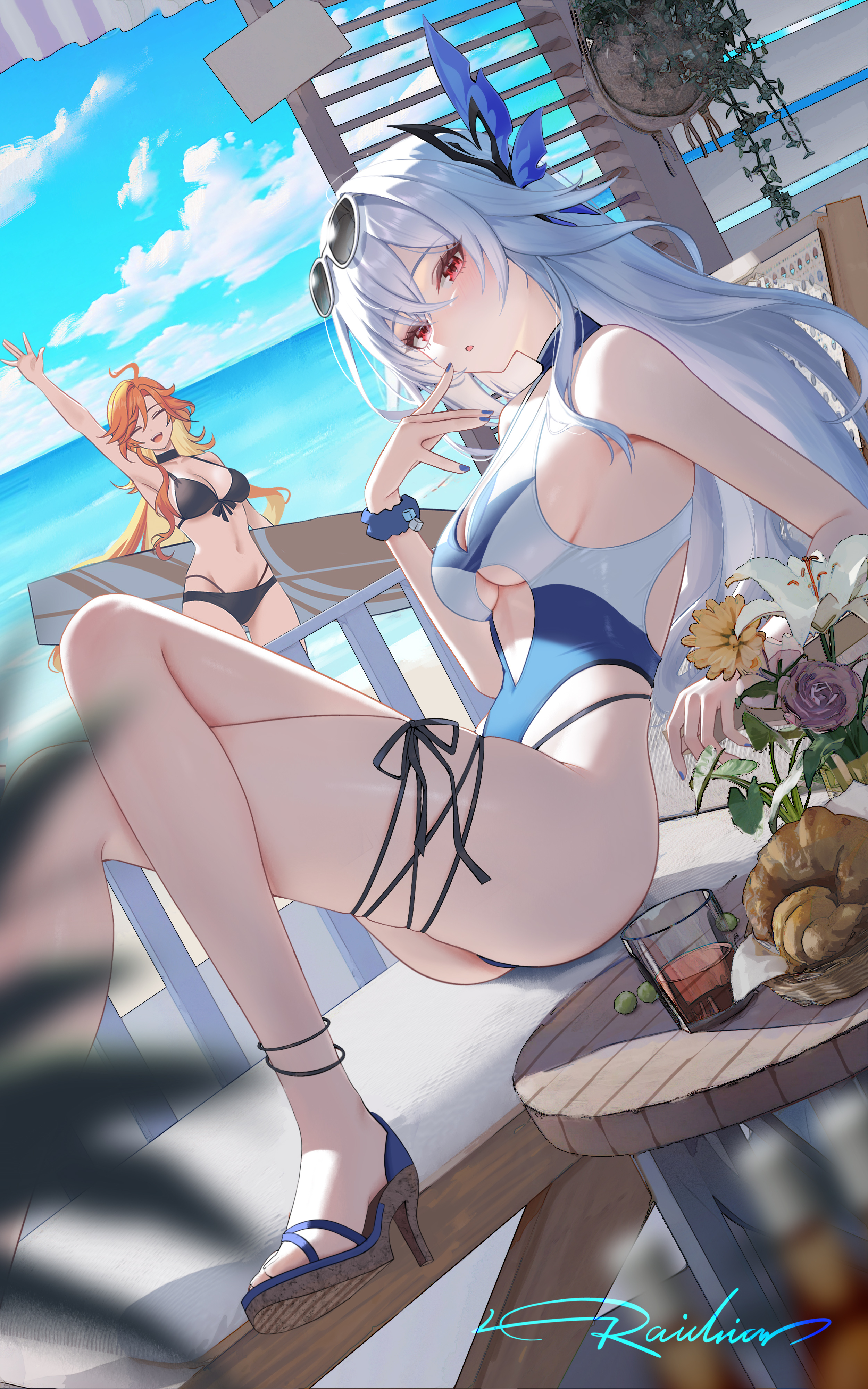 artist_revision bikini garter genshin_impact heels mavuika megane raidriar_18 skirk swimsuits