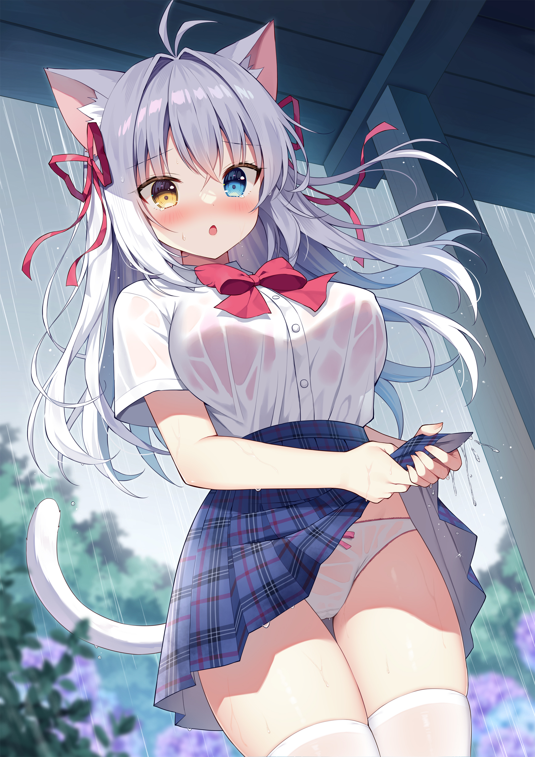 aina_rive animal_ears bra heterochromia mauve nekomimi pantsu see_through seifuku skirt_lift tail thighhighs wet wet_clothes