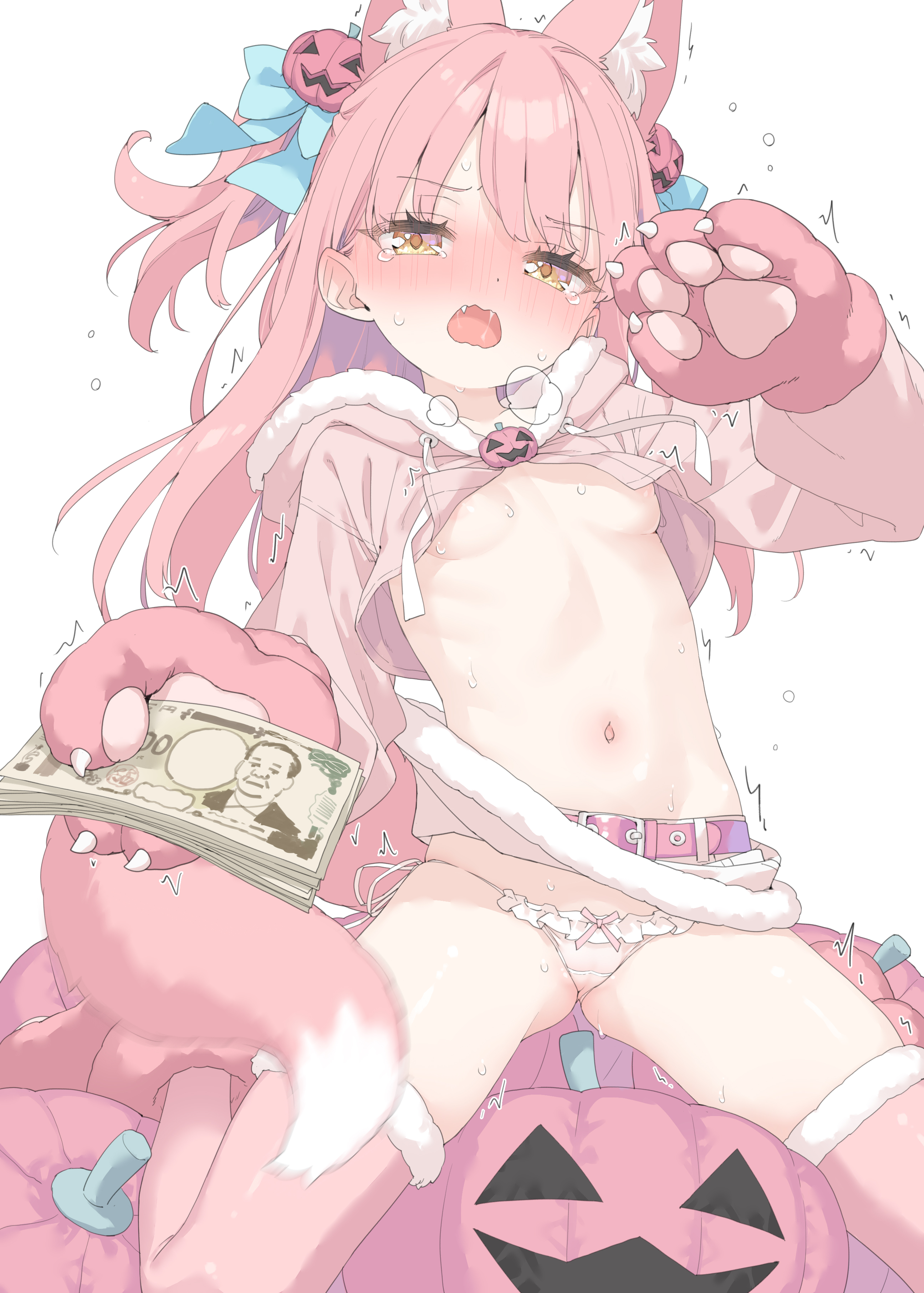 animal_ears areola halloween kani_biimu loli mikane_sebiri no_bra pantsu shirt_lift skirt_lift string_panties tail thighhighs wardrobe_malfunction wet