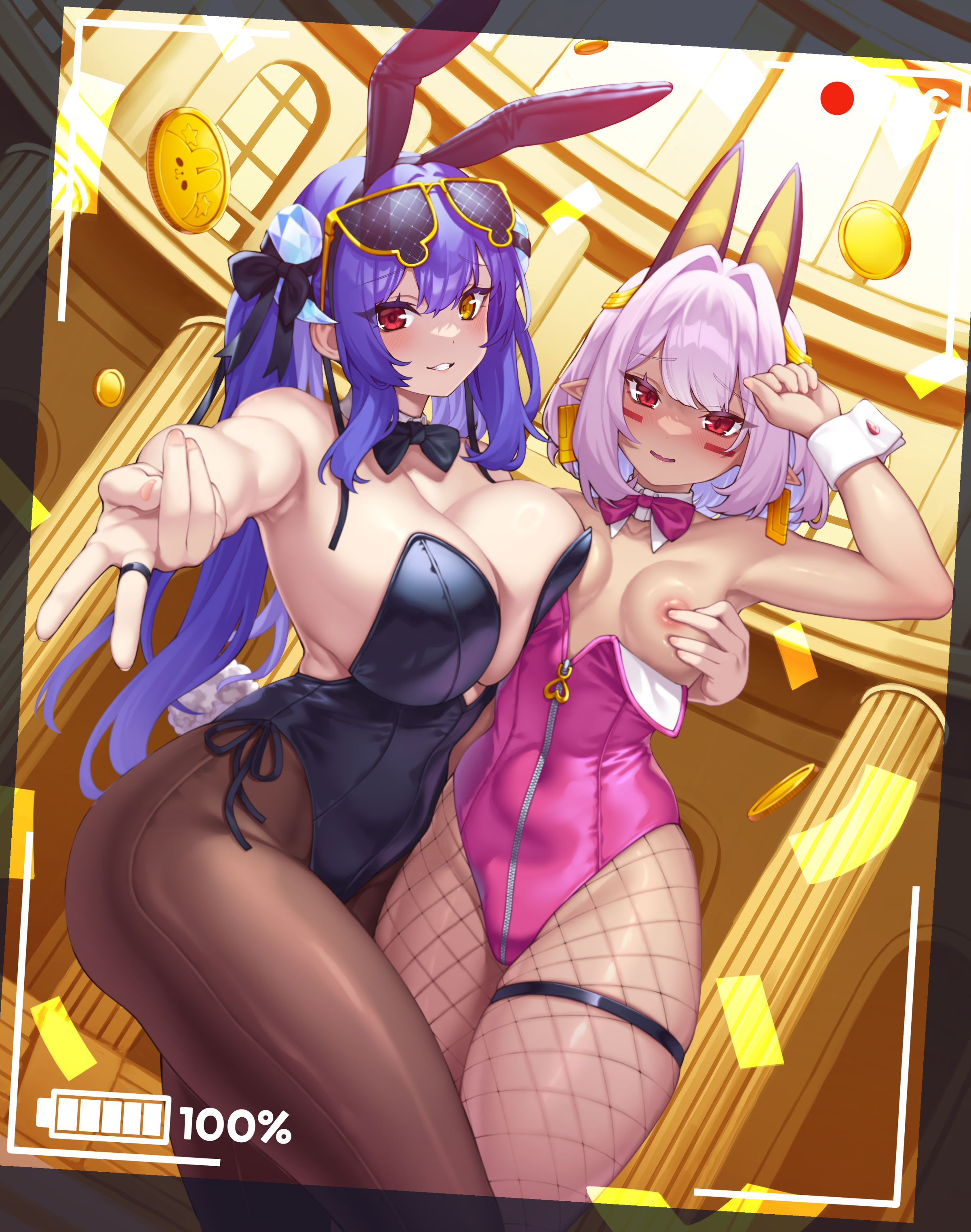 animal_ears breast_grab bunny_ears bunny_girl elomil fishnets garter heterochromia no_bra pantyhose ruthenium77's_character yuri