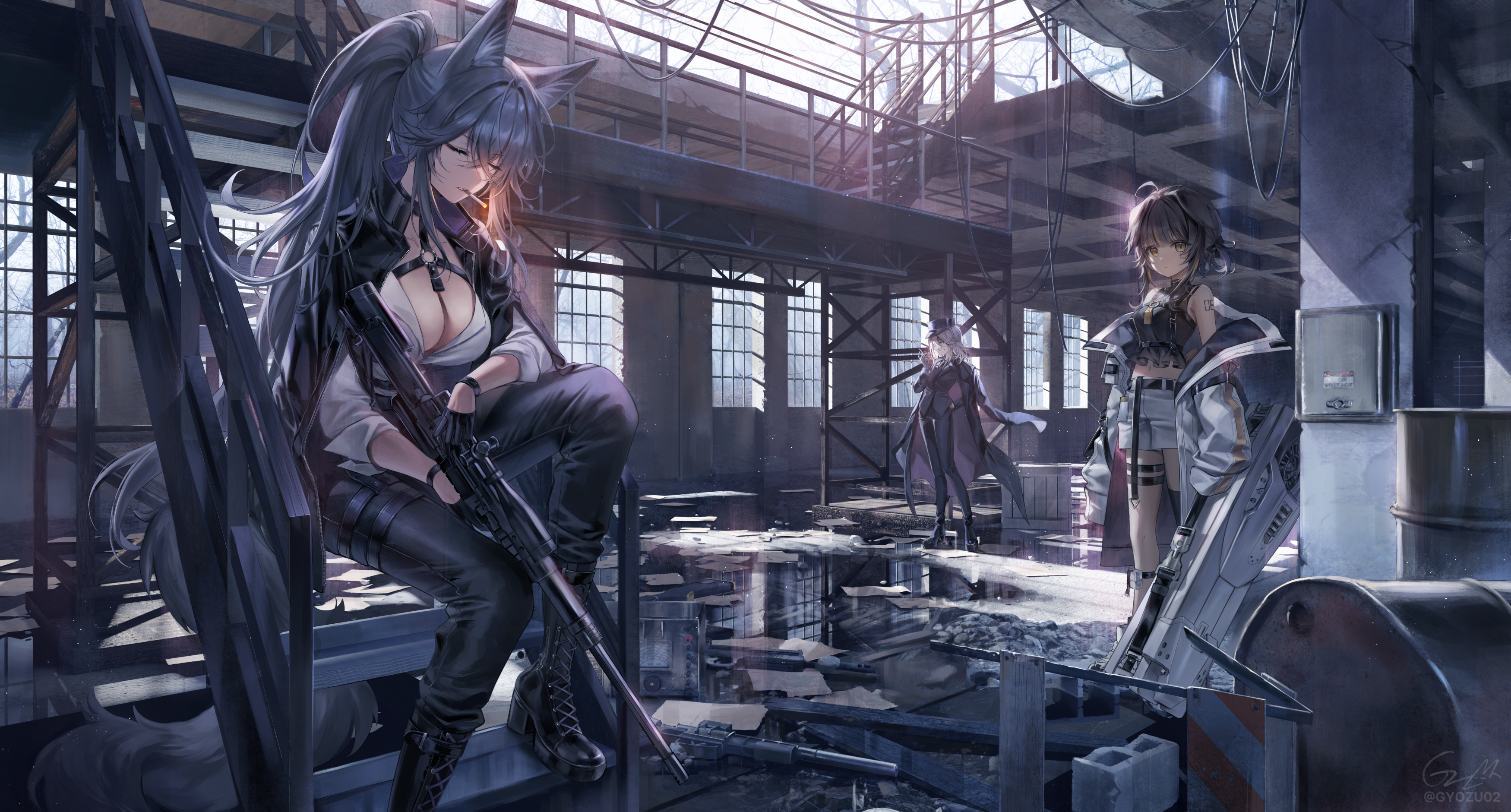 animal_ears garter gun gz_(gyoju) heels no_bra open_shirt smoking tail tattoo thighhighs