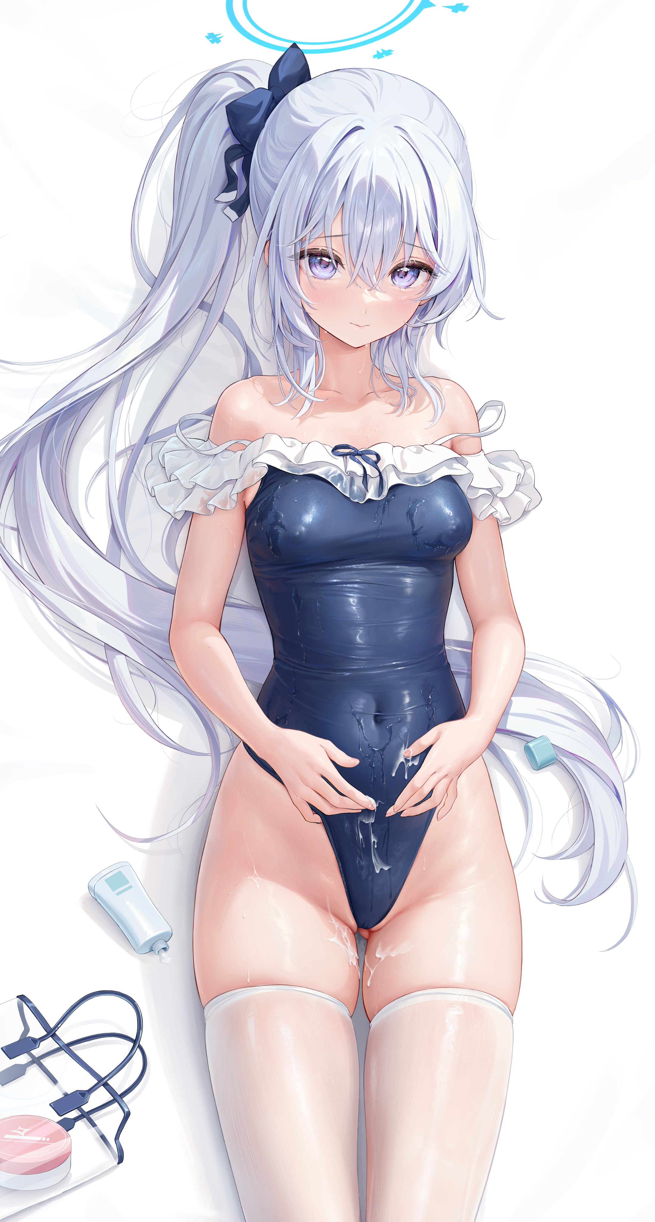 blue_archive cameltoe cream dakimakura erect_nipples halo houkisei see_through swimsuits thighhighs tsukiyuki_miyako wet wet_clothes