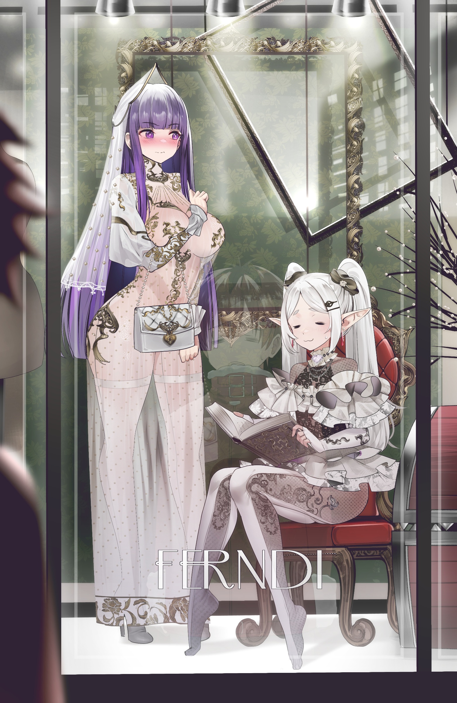 bodysuit dress elf fern fishnets frieren garter heels no_bra nopan pointy_ears see_through skirt_lift sousou_no_frieren stark teddy