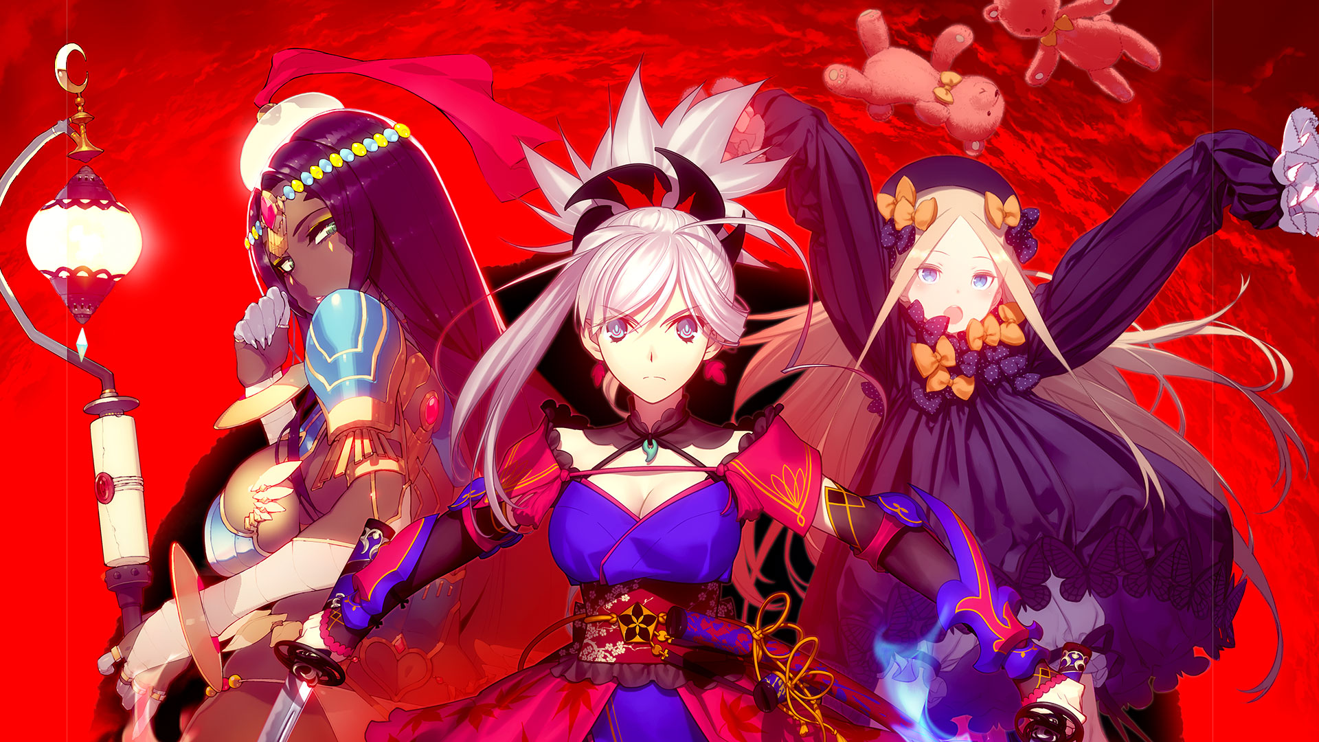 abigail_williams_(fate) armor bloomers cleavage dress fate/grand_order japanese_clothes koyama_hirokazu kuroboshi_kouhaku miyamoto_musashi_(fate/grand_order) namaniku_atk scheherazade_(fate/grand_order) sword wallpaper