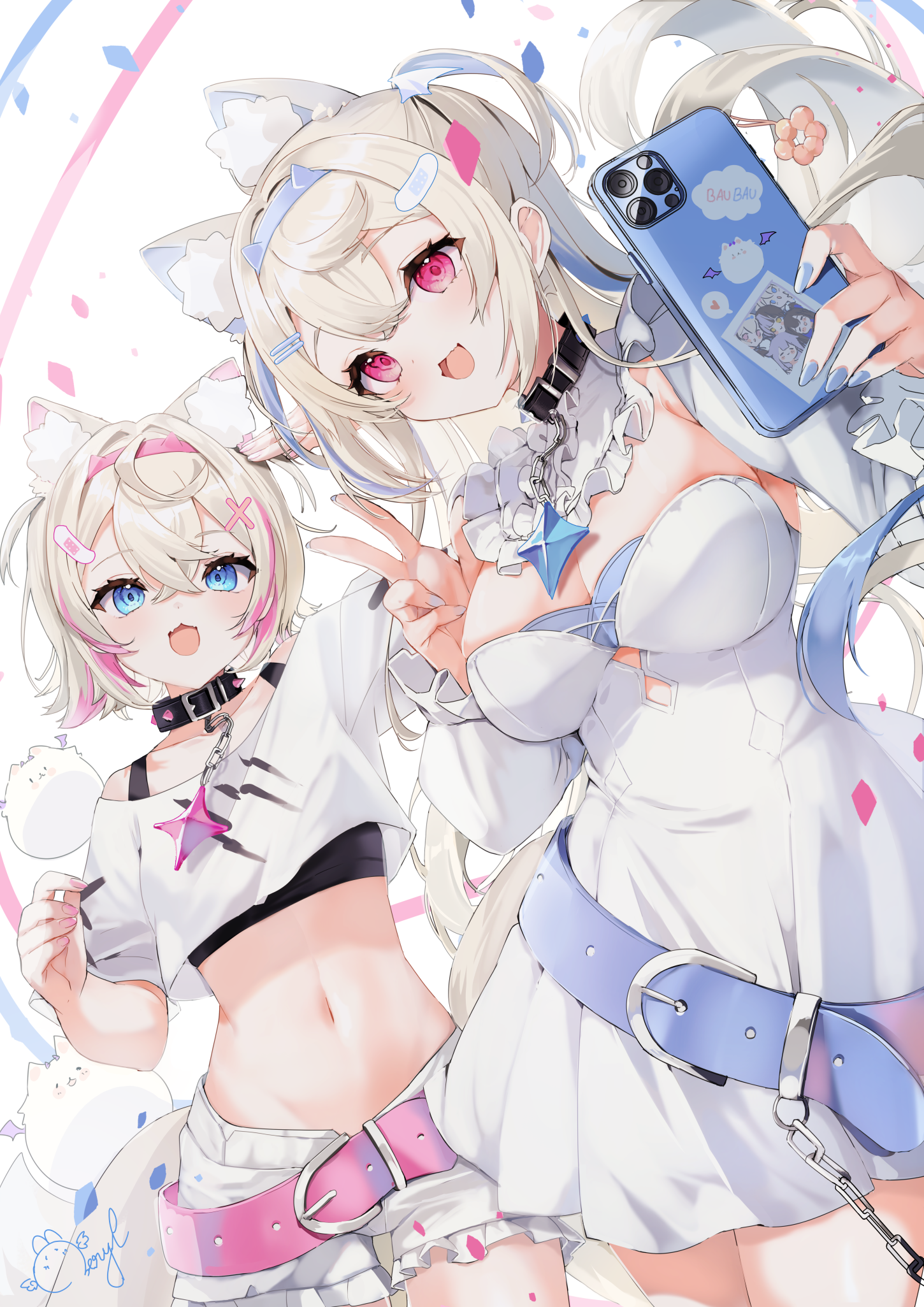 animal_ears artist_revision bandaid beryl_(blueberylpie) dress fuwawa_abyssgard hololive hololive_english horns inumimi mococo_abyssgard no_bra selfie tail