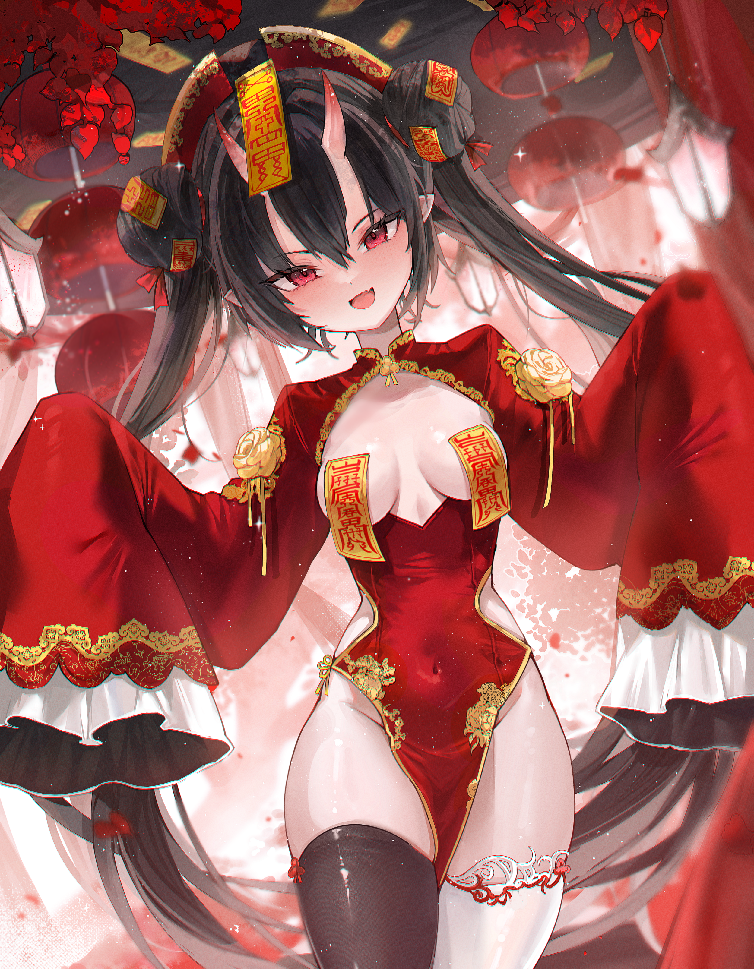 breasts chinadress horns matsuno_noir mindoll no_bra nopan pasties pointy_ears thighhighs