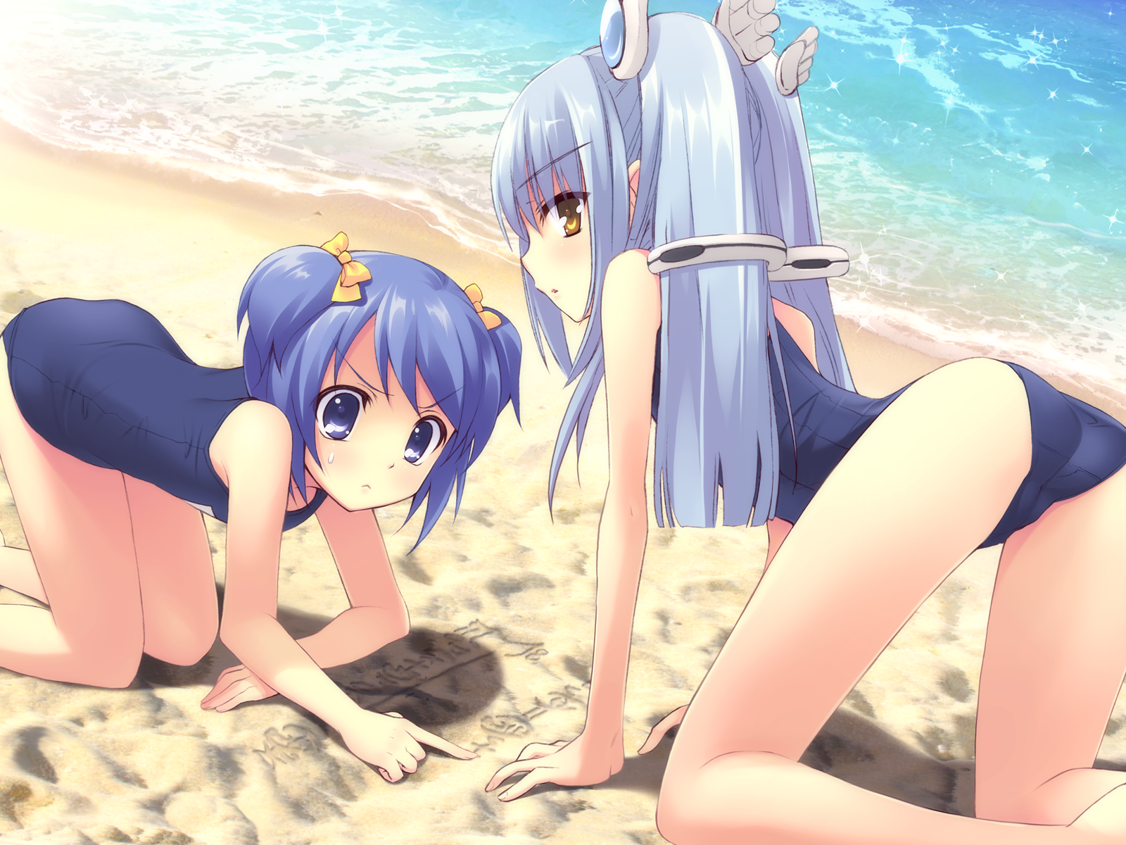 flyable_heart game_cg hayakawa_megumi kujou_kururi pero sasakura_ayato school_swimsuit swimsuits unisonshift