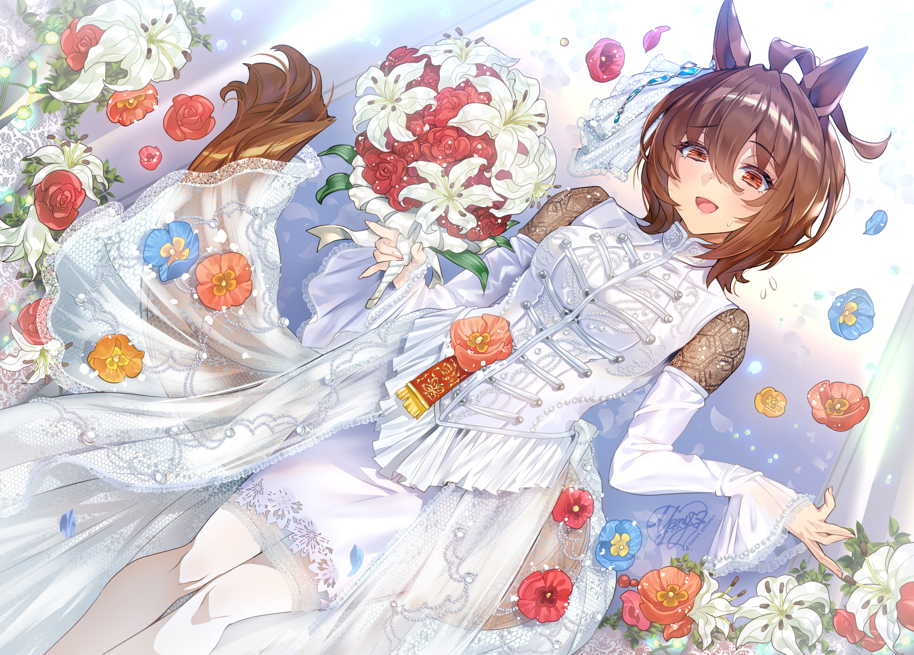 agnes_tachyon_(umamusume) animal_ears dress see_through skirt_lift tail thighhighs uma_musume_pretty_derby wedding_dress yanyo