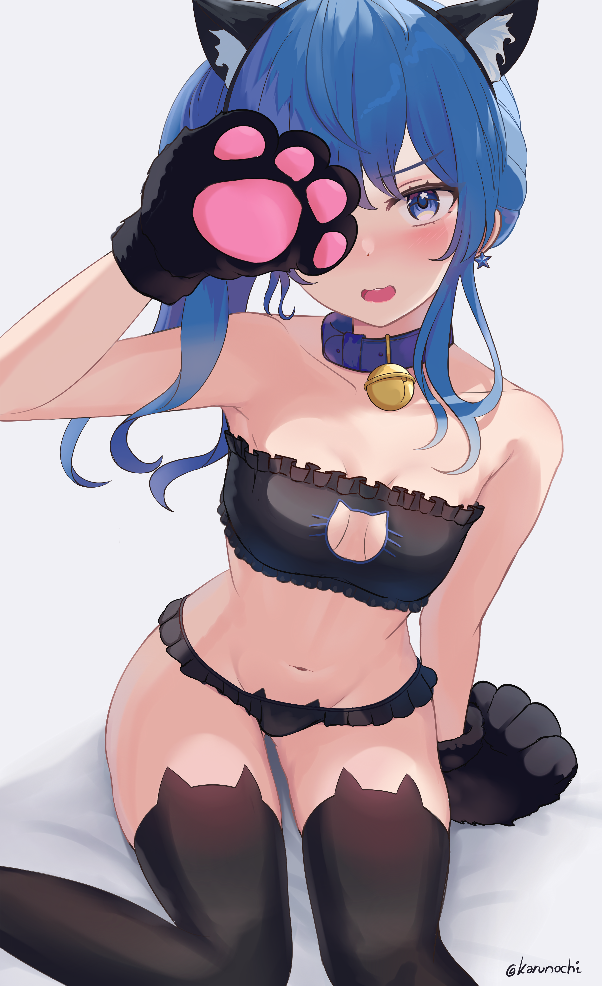 animal_ears bra hololive hoshimachi_suisei karu_(karusenpai) nekomimi pantsu thighhighs