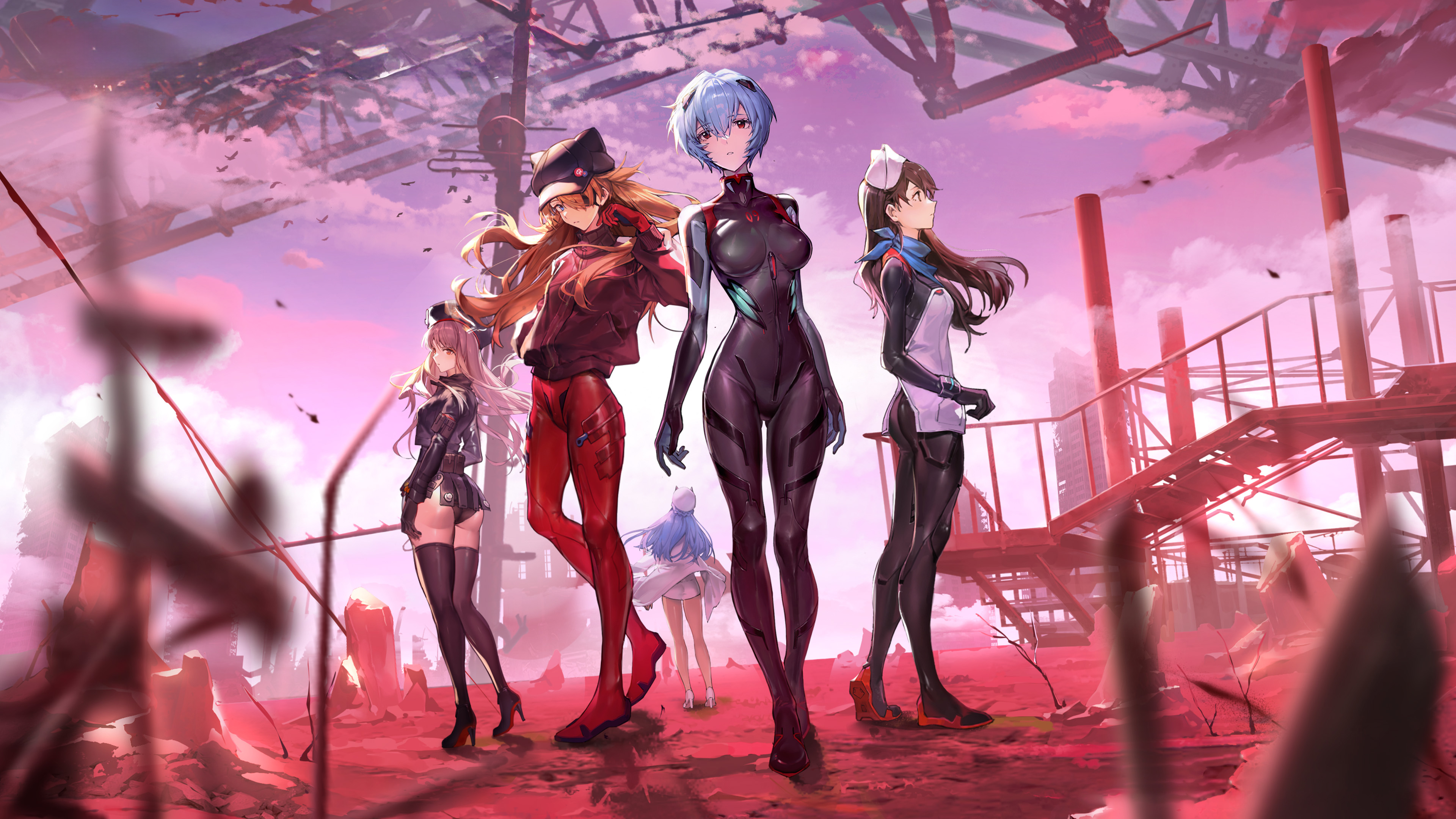 animal_ears ayanami_rei bodysuit crossover detexted eyepatch goddess_of_victory:_nikke heels helm neon_genesis_evangelion pantsu rapi_(nikke) souryuu_asuka_langley suzuhara_sakura tagme thighhighs uniform wallpaper