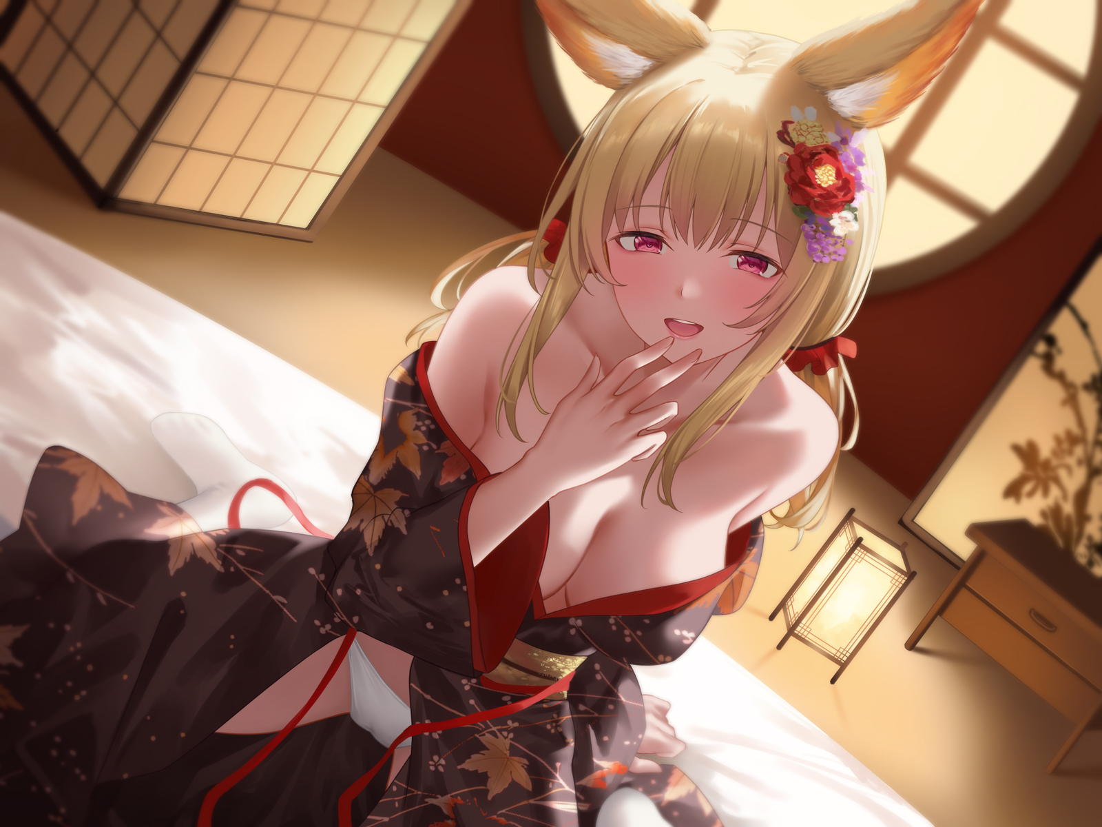 animal_ears cameltoe kimono kitsune no_bra open_shirt pantsu skirt_lift suzuame_yatsumi wallpaper