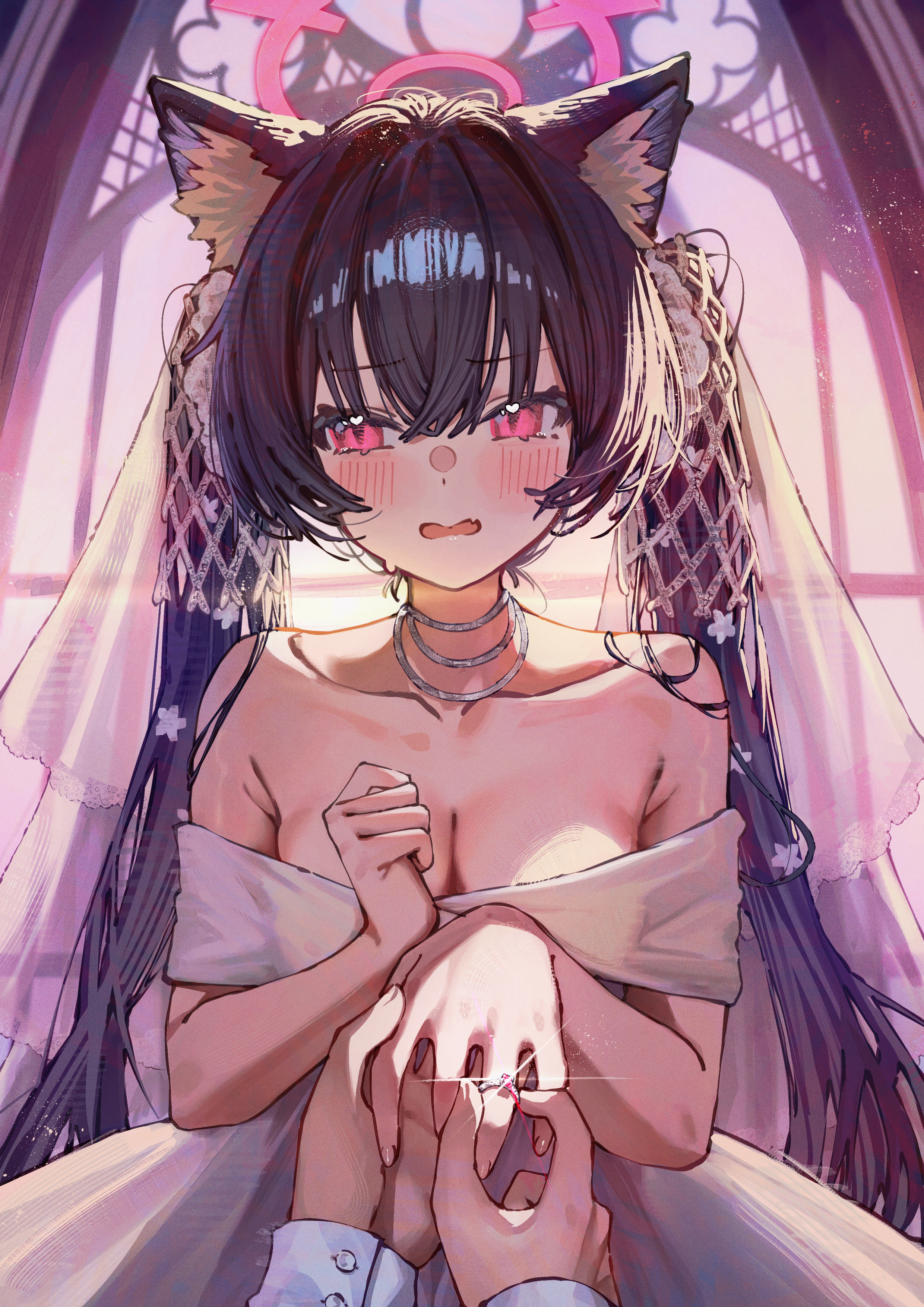 animal_ears betabeet blue_archive dress halo kuromi_serika nekomimi no_bra wedding_dress
