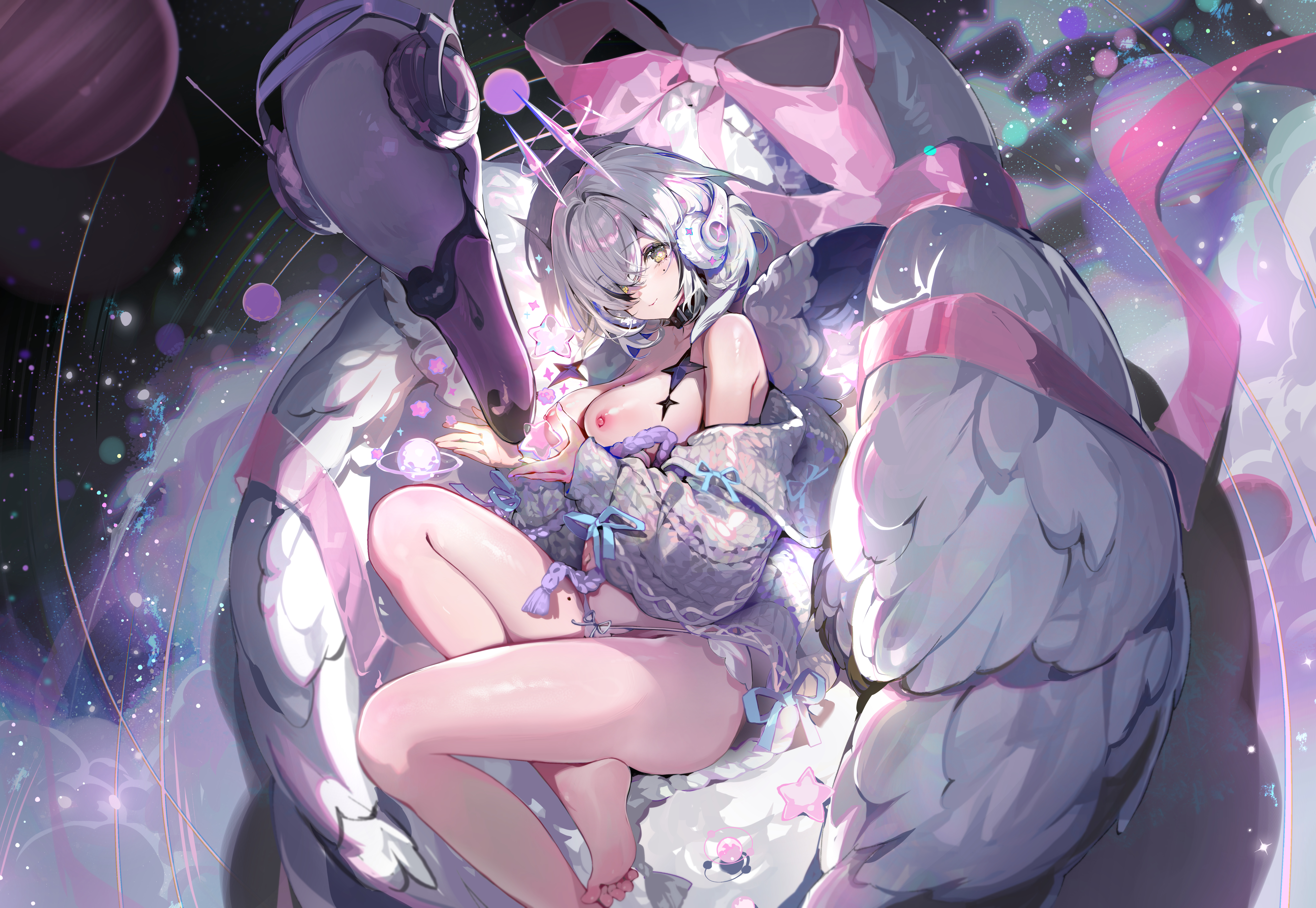 akizero1510 angel breasts headphones nipples no_bra open_shirt pantsu sweater wings