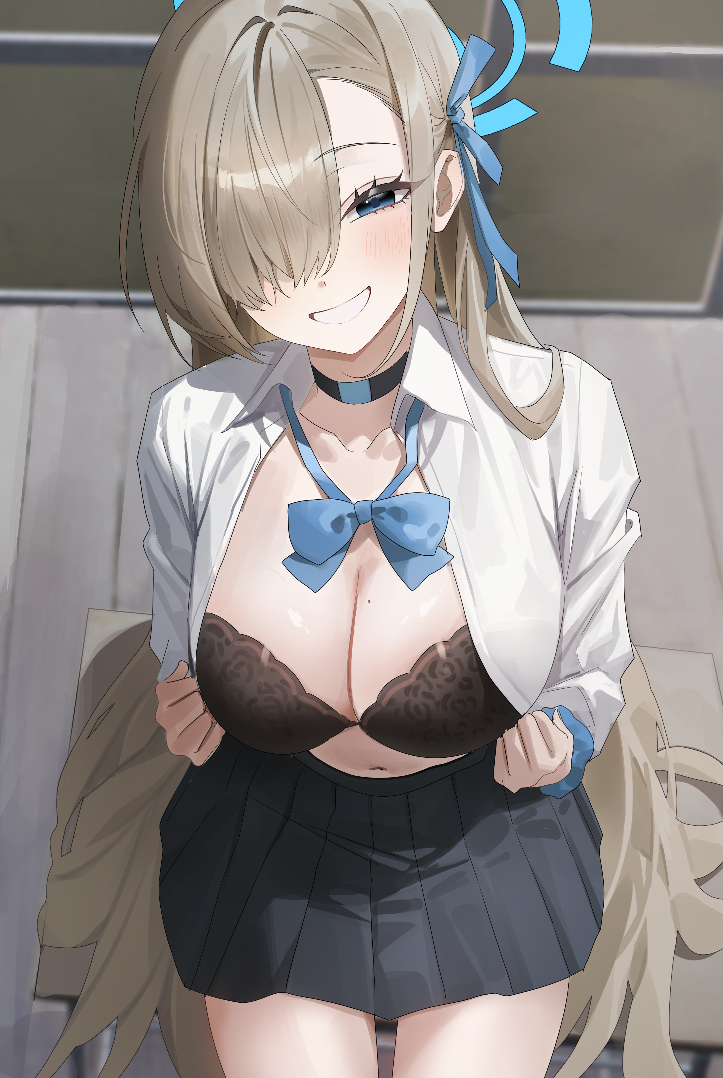 blue_archive bra halo ichinose_asuna open_shirt pibag seifuku undressing
