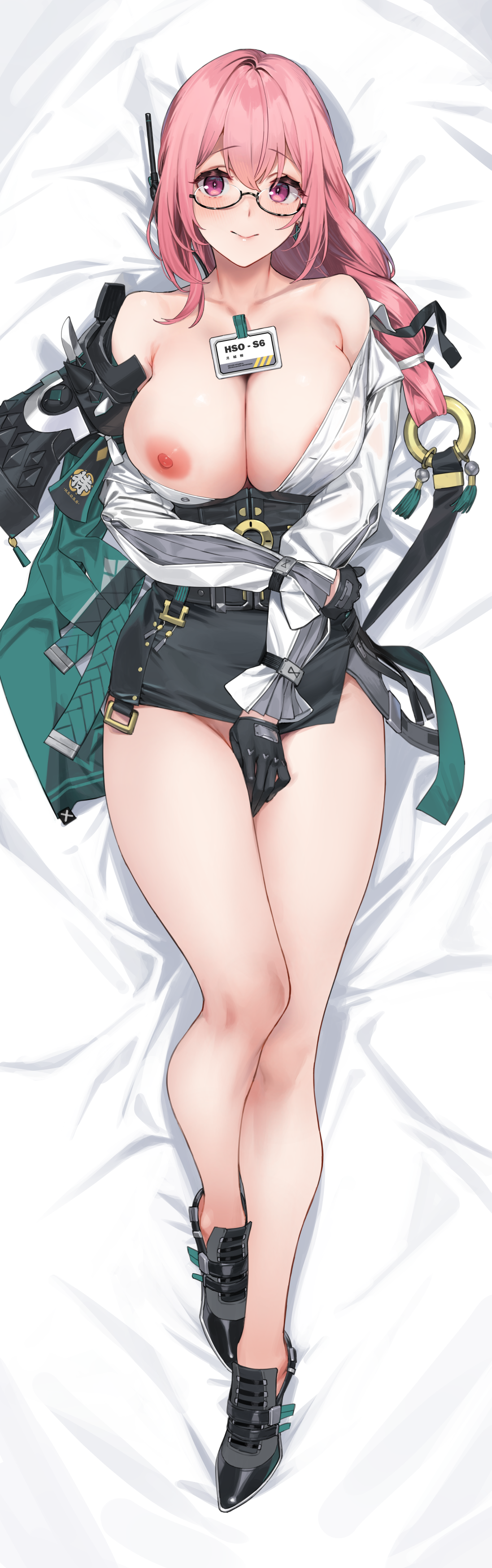 92m armor breasts dakimakura megane nipples no_bra nopan open_shirt see_through tsukishiro_yanagi uniform zenless_zone_zero