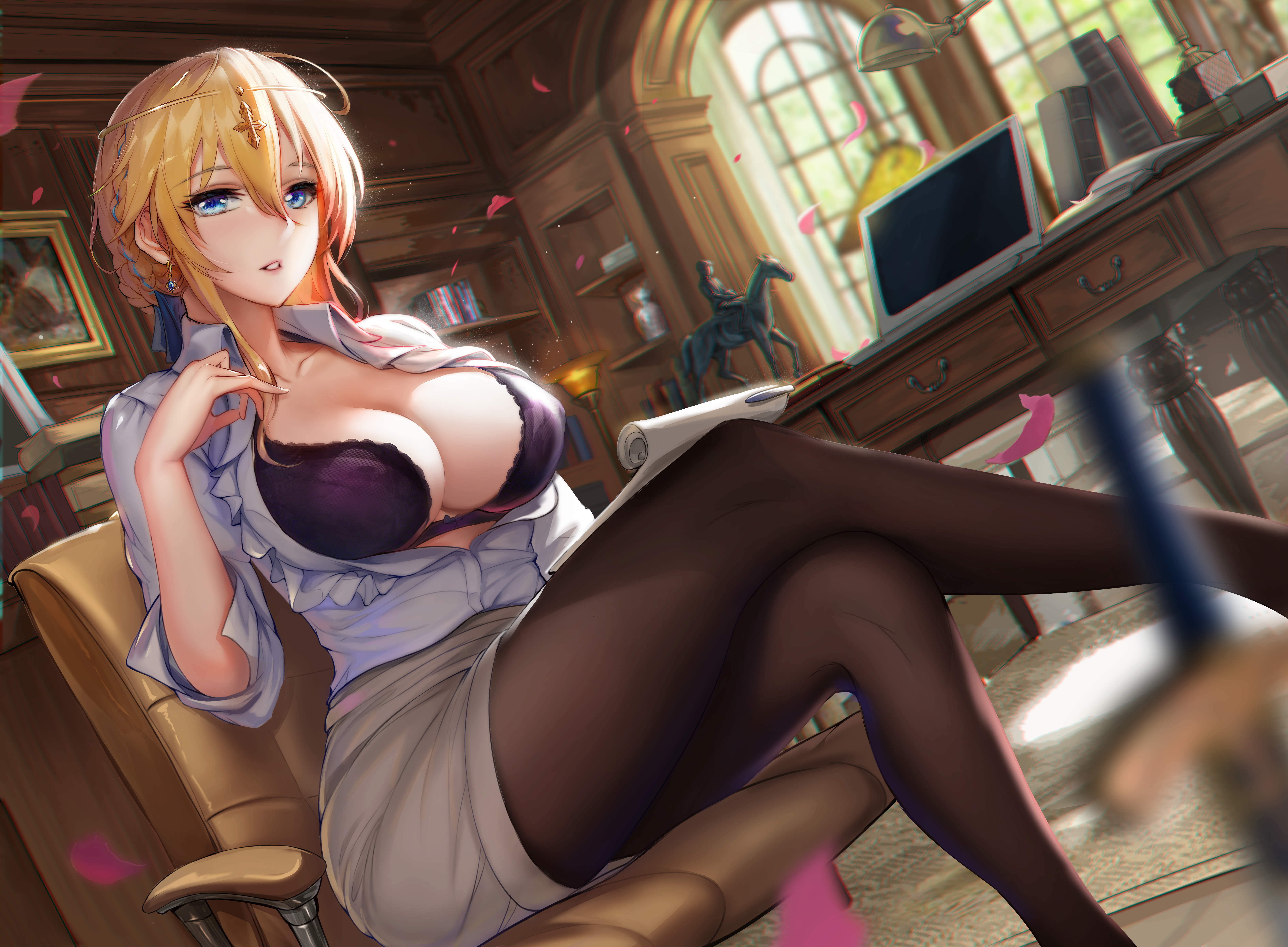 artoria_pendragon_(fate) bra breast_hold business_suit cleavage fate/grand_order open_shirt pantyhose tsuki_no_i-min