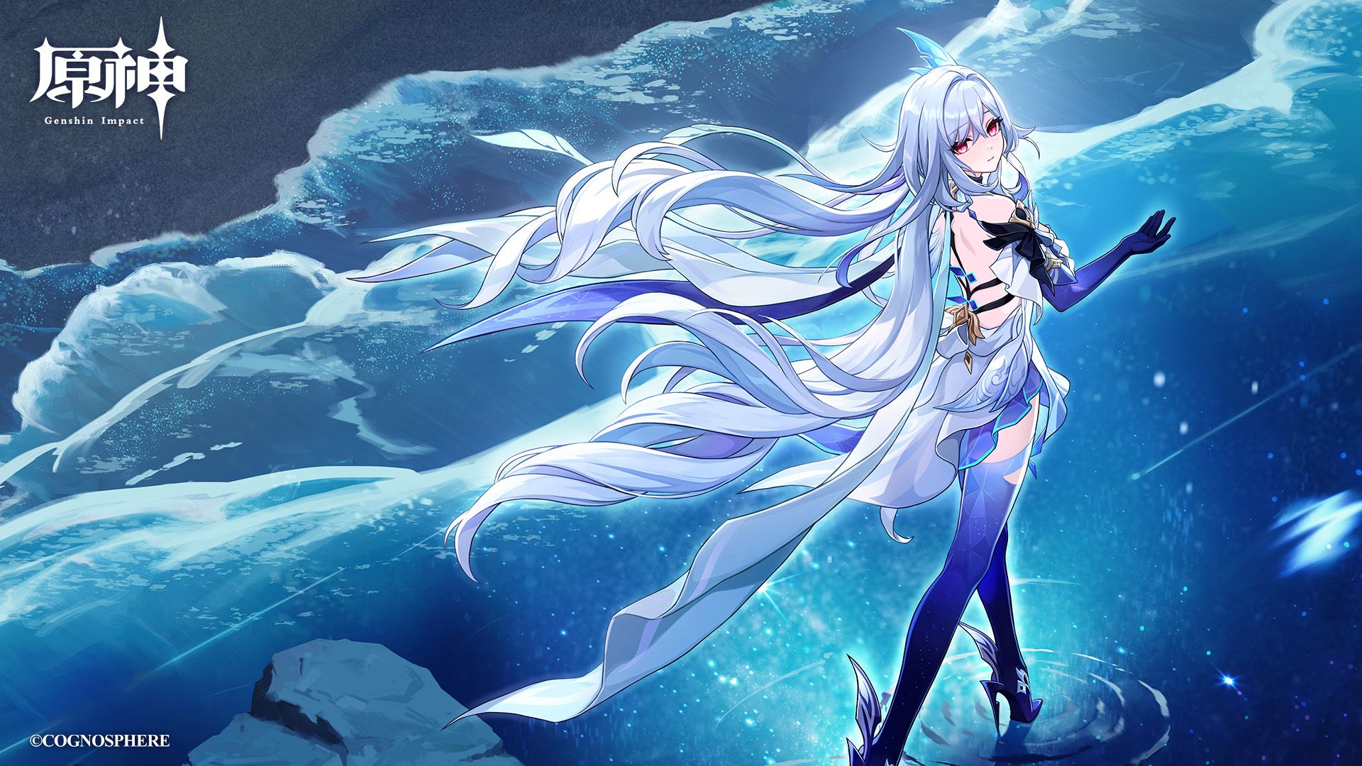 genshin_impact heels no_bra skirk tagme thighhighs wallpaper
