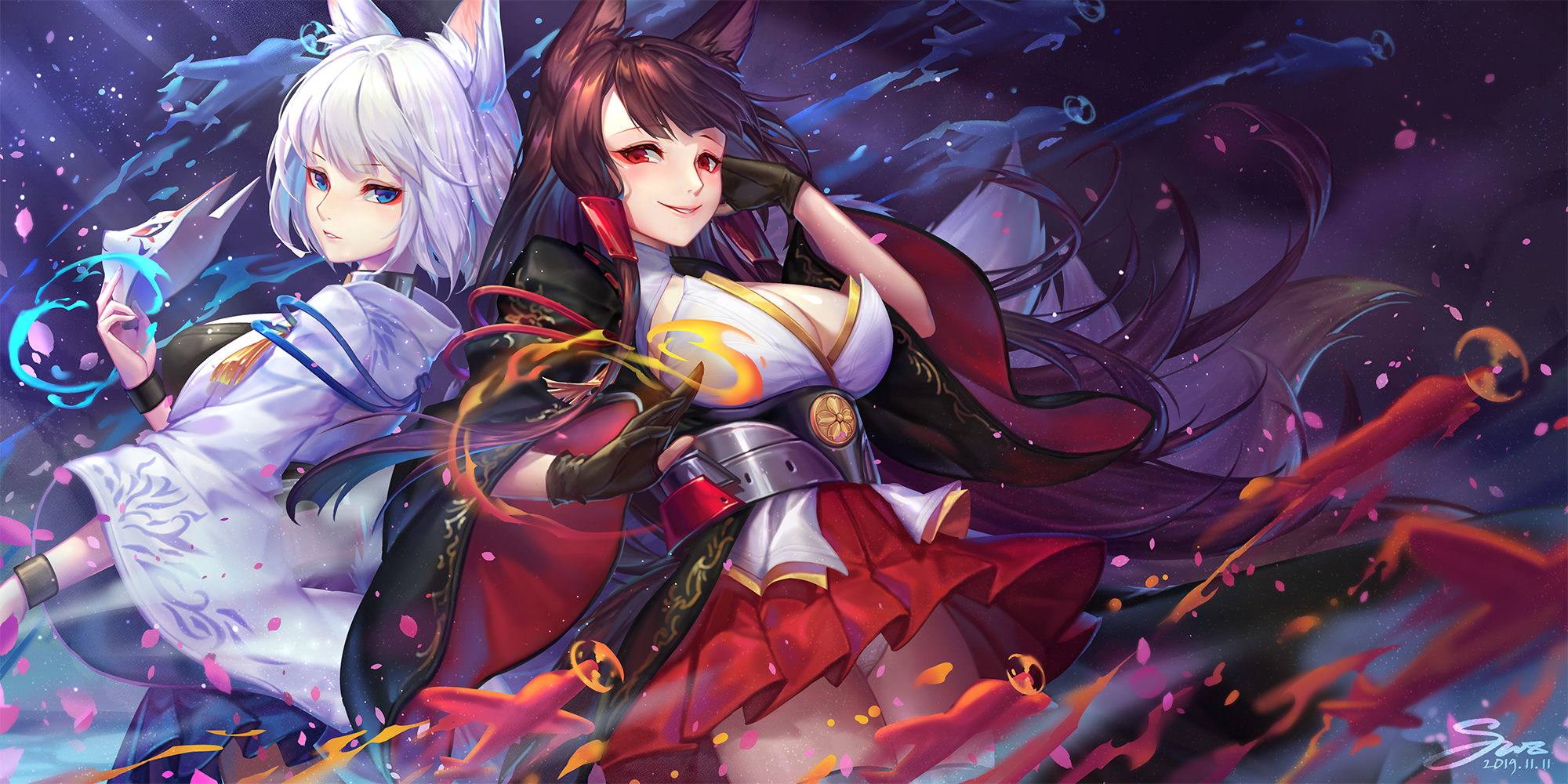 akagi_(azur_lane) animal_ears azur_lane cleavage japanese_clothes kaga_(azur_lane) kanmai_x_sou kitsune pantsu