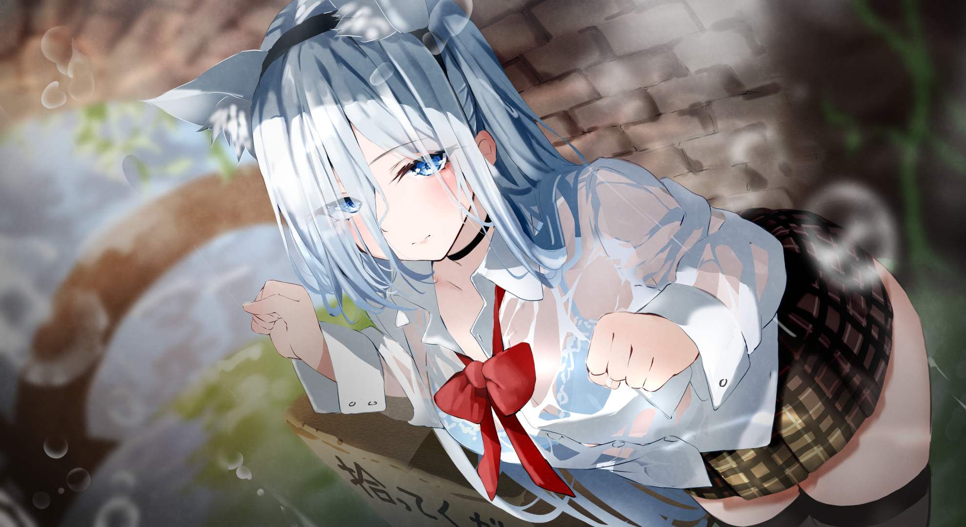 raru. animal ears bra nekomimi see through seifuku thighhighs wallpaper ...