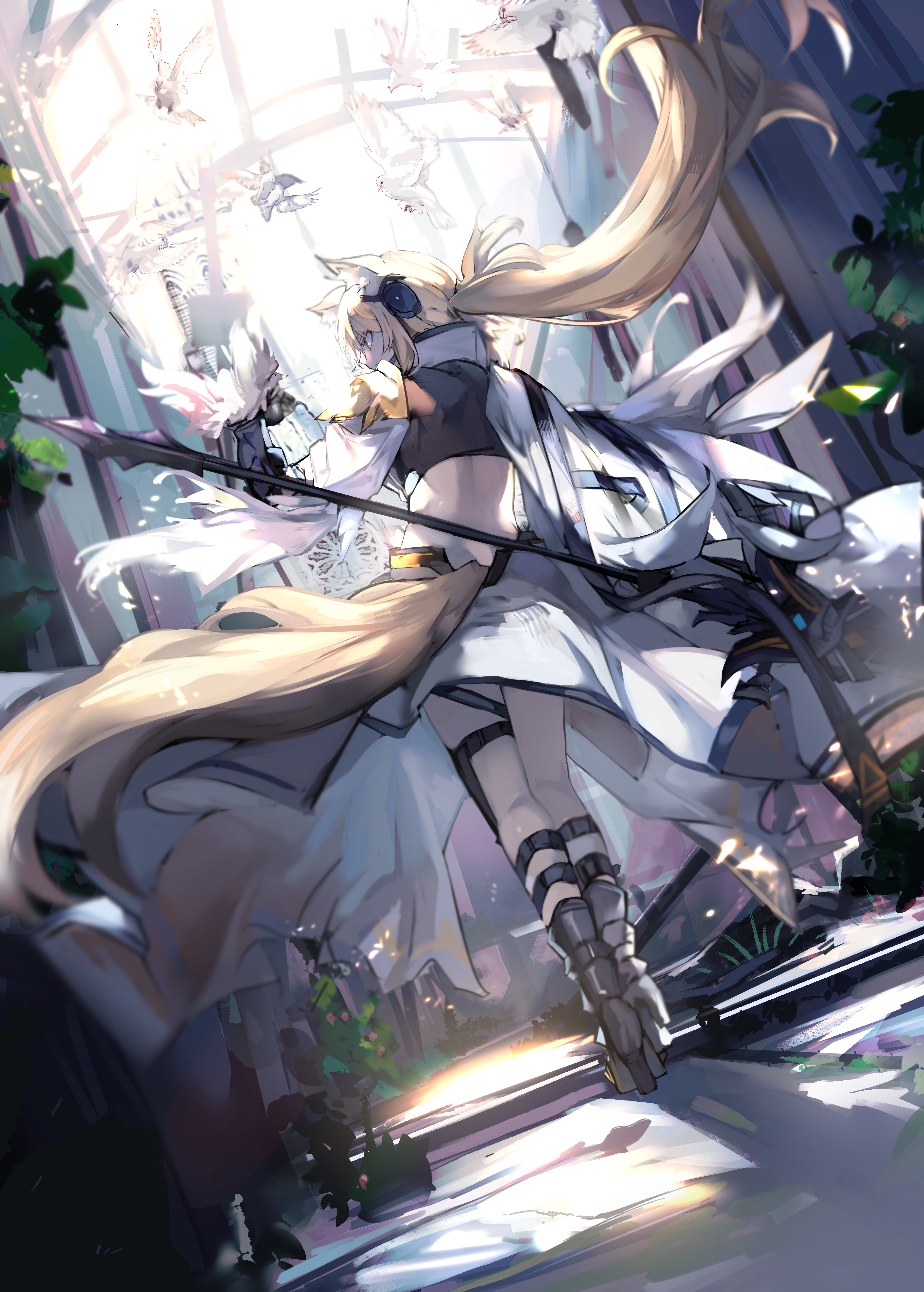 animal_ears arknights armor garter headphones heels nearl_(arknights) saitogiulio skirt_lift tail weapon