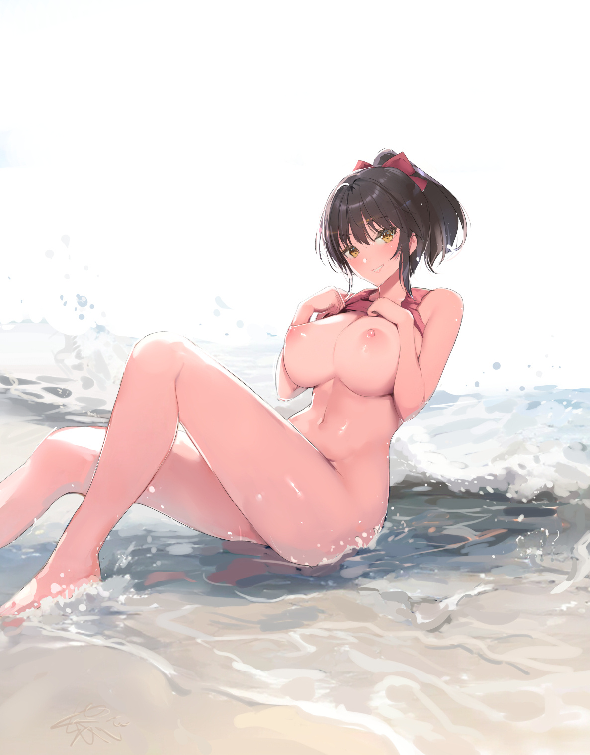 bottomless breast_hold breasts nipples no_bra shirt_lift wet yaegashi_nan