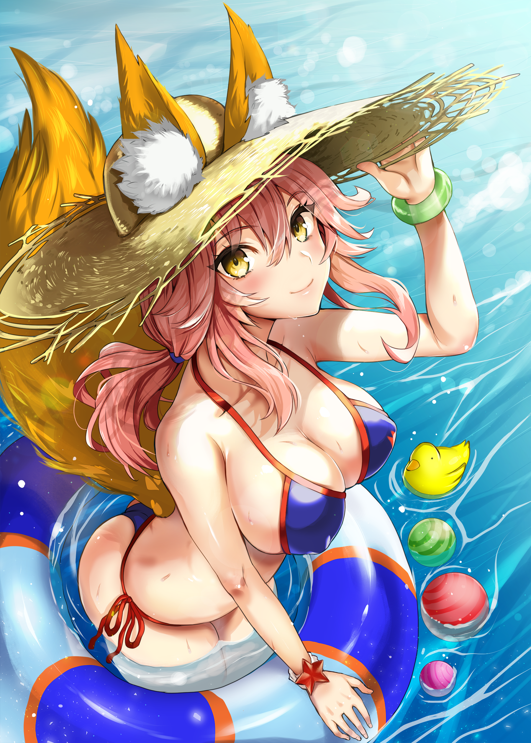 animal_ears bikini cleavage erect_nipples fate/grand_order kitsune kojima_saya swimsuits tail tamamo_no_mae wet