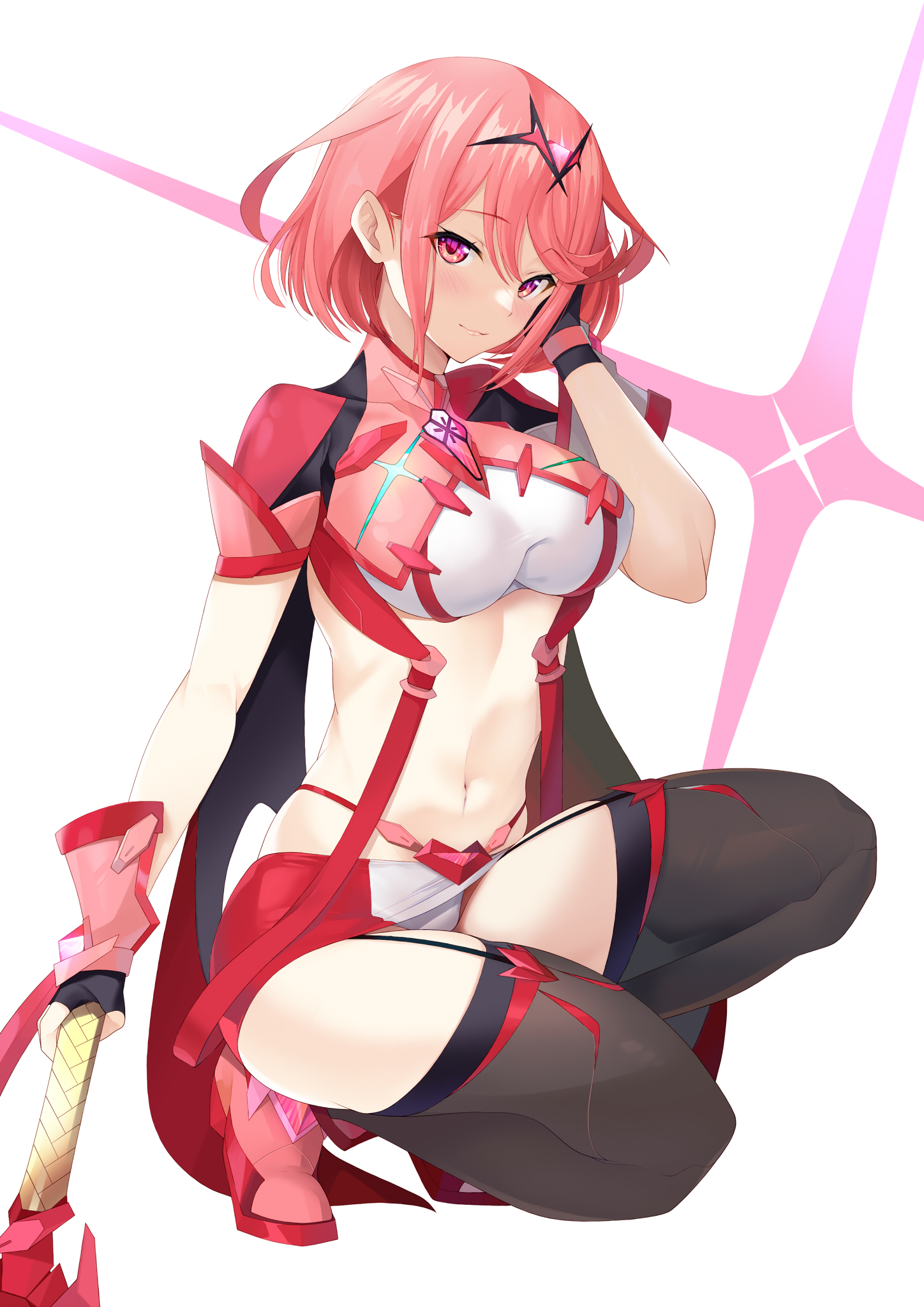 daive homura_(xenoblade_2) pantsu skirt_lift stockings sword thighhighs xenoblade_(series) xenoblade_2