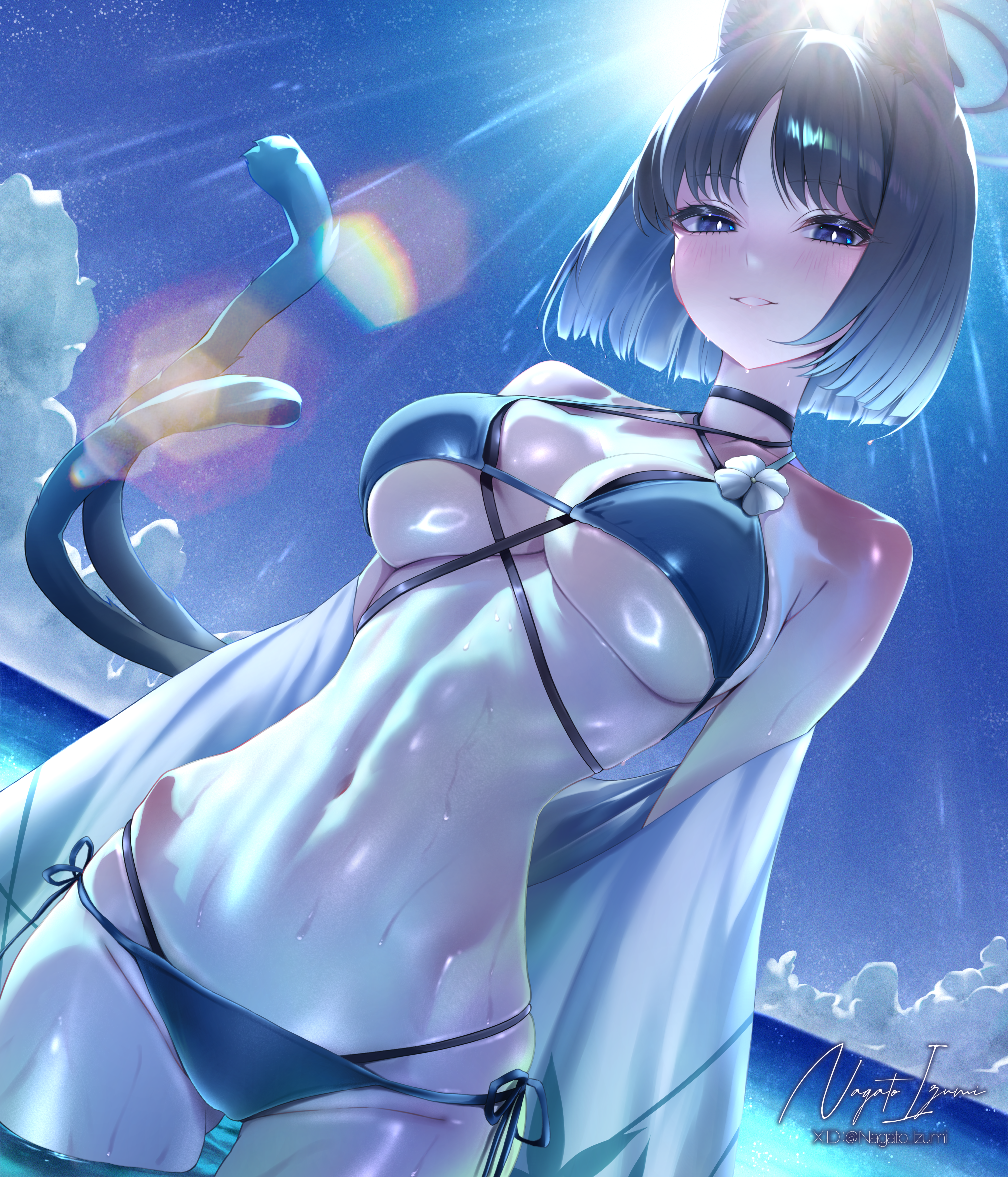 animal_ears bikini blue_archive halo kiryuu_kikyou nekomimi swimsuits tagme tail wet