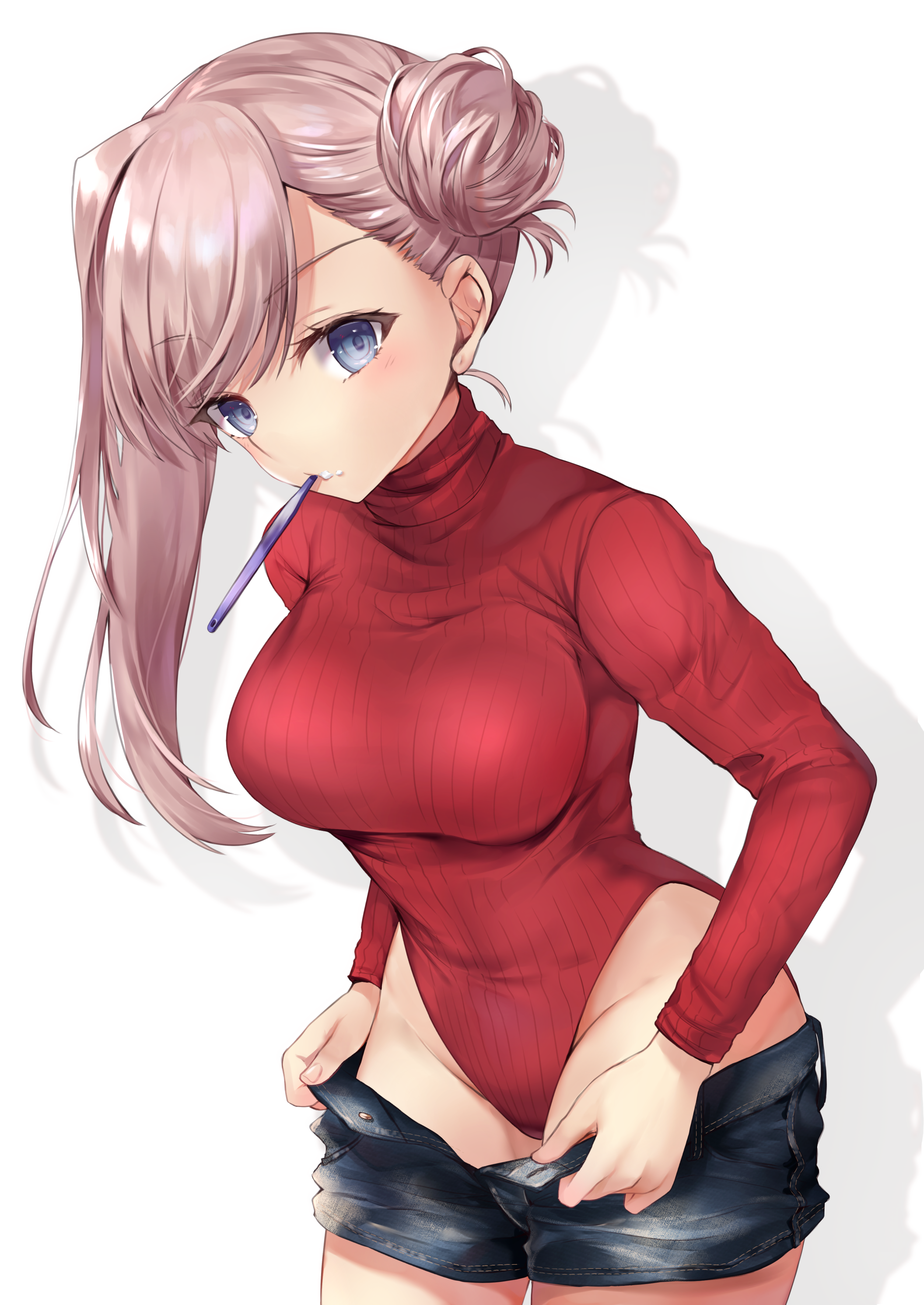 fate/grand_order hane_yuki leotard miyamoto_musashi_(fate) sweater undressing