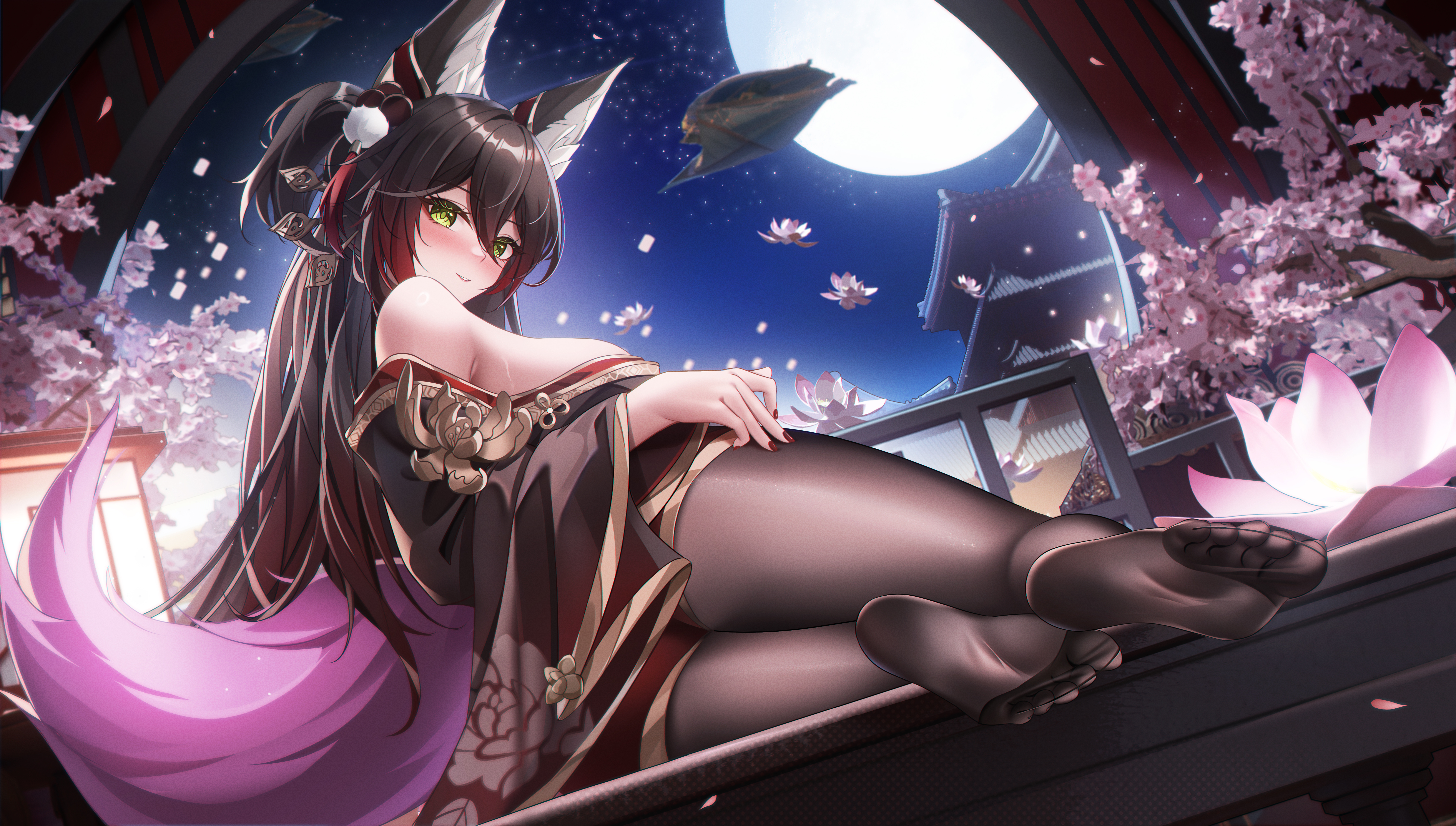 animal_ears feet honkai:_star_rail japanese_clothes kitsune lingse no_bra pantyhose tail tingyun