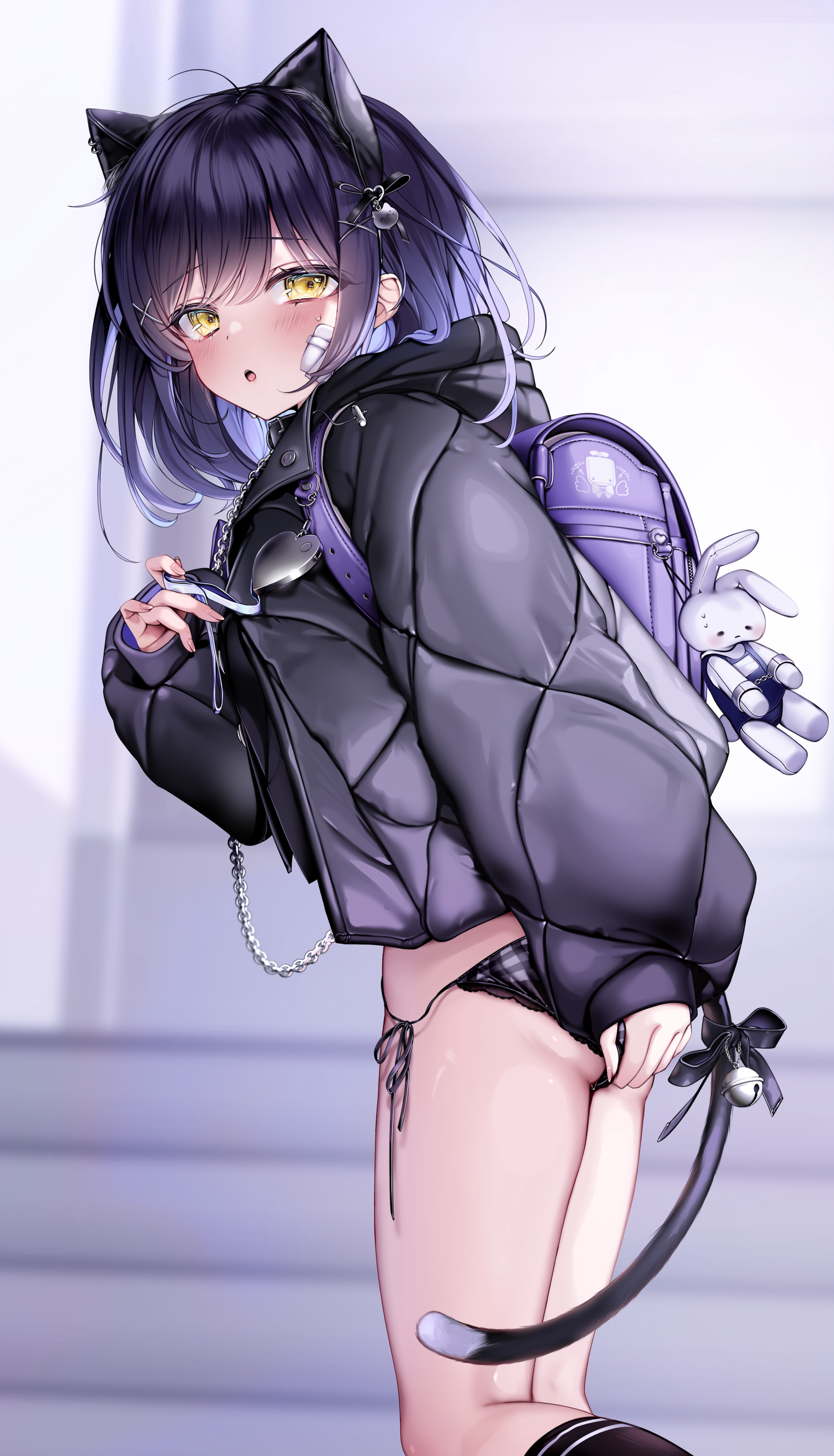 animal_ears bandaid kudou_rinri nekomimi pantsu panty_pull string_panties tail thong yunmi