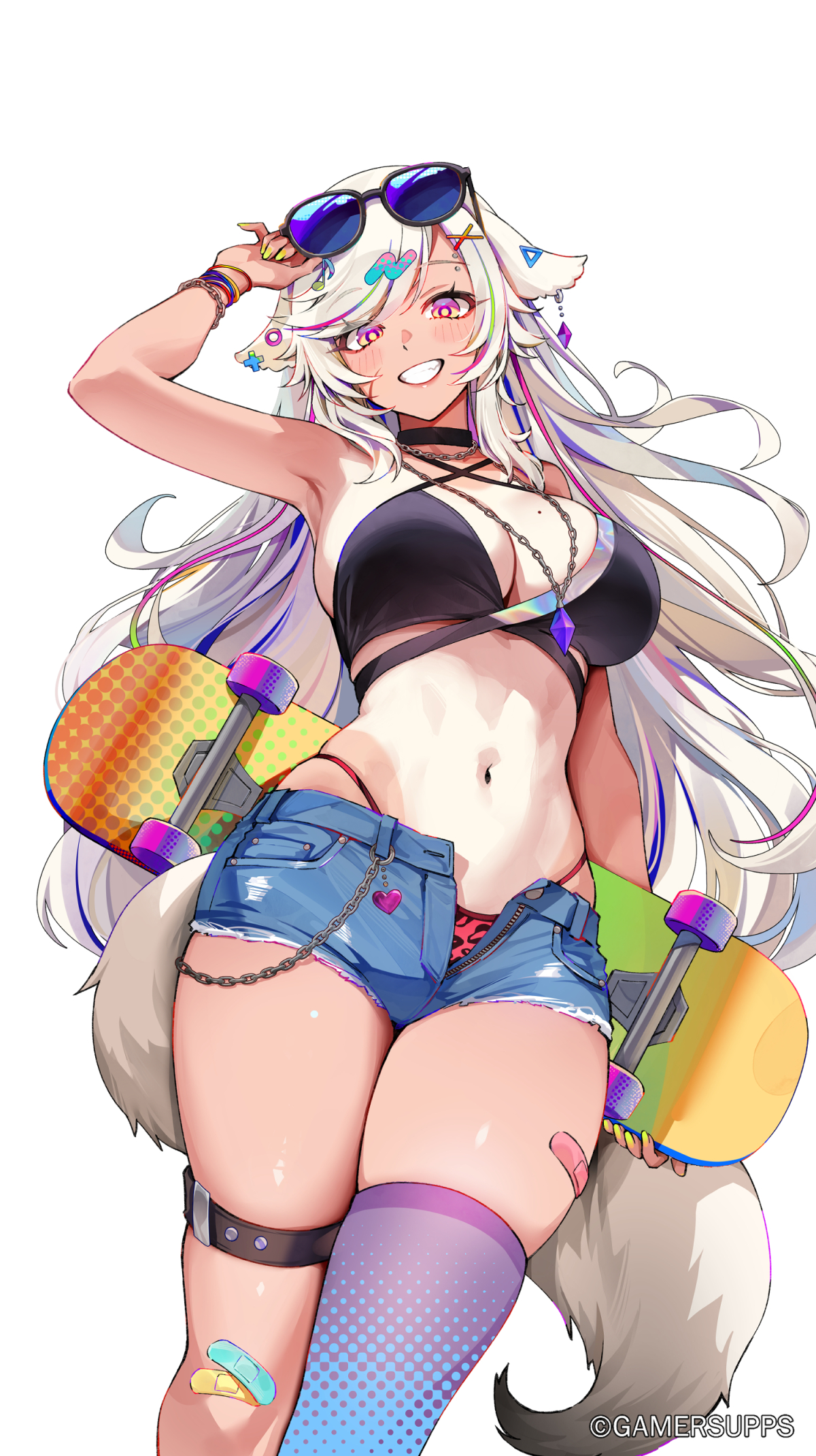animal_ears bandaid ein_(foxyreine) foxy_rain gamer_supps garter kitsune megane pantsu tail tan_lines thighhighs torn_clothes