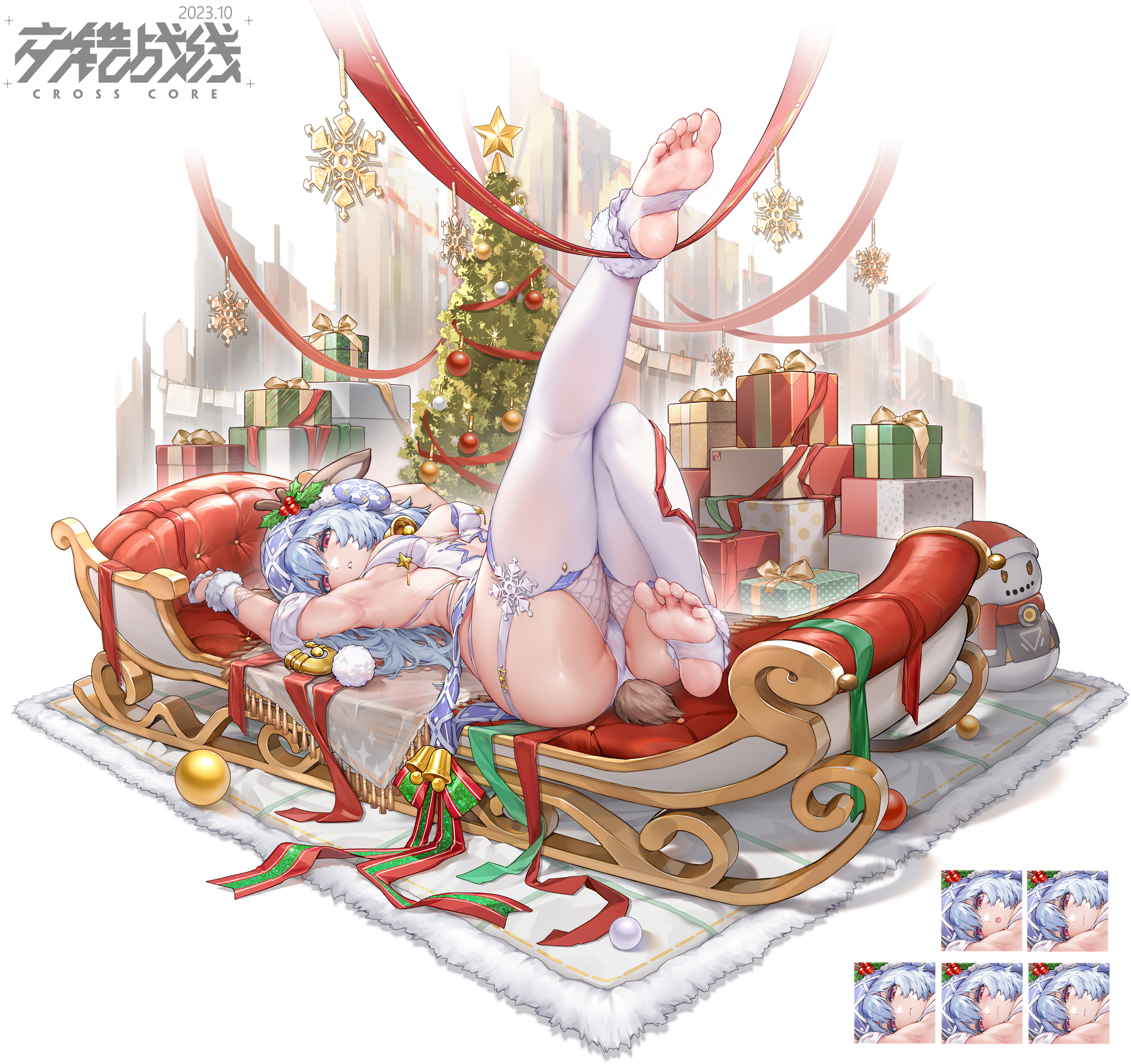 animal_ears christmas cross_core expression feet fishnets horns no_bra pantsu stockings surfing_orange tail thighhighs thong