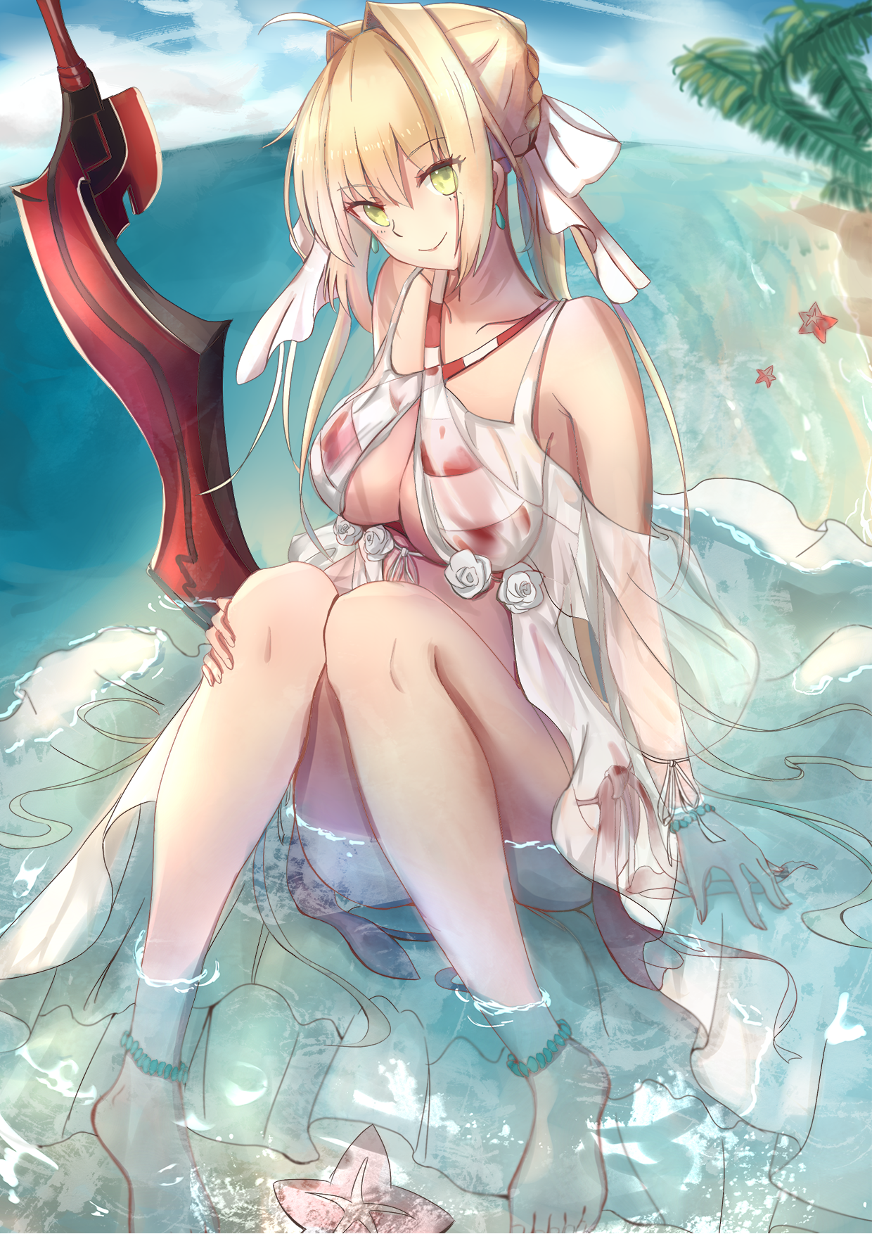 bikini cleavage dress fate/grand_order feet miakiuehashi open_shirt saber_extra see_through summer_dress swimsuits sword wet