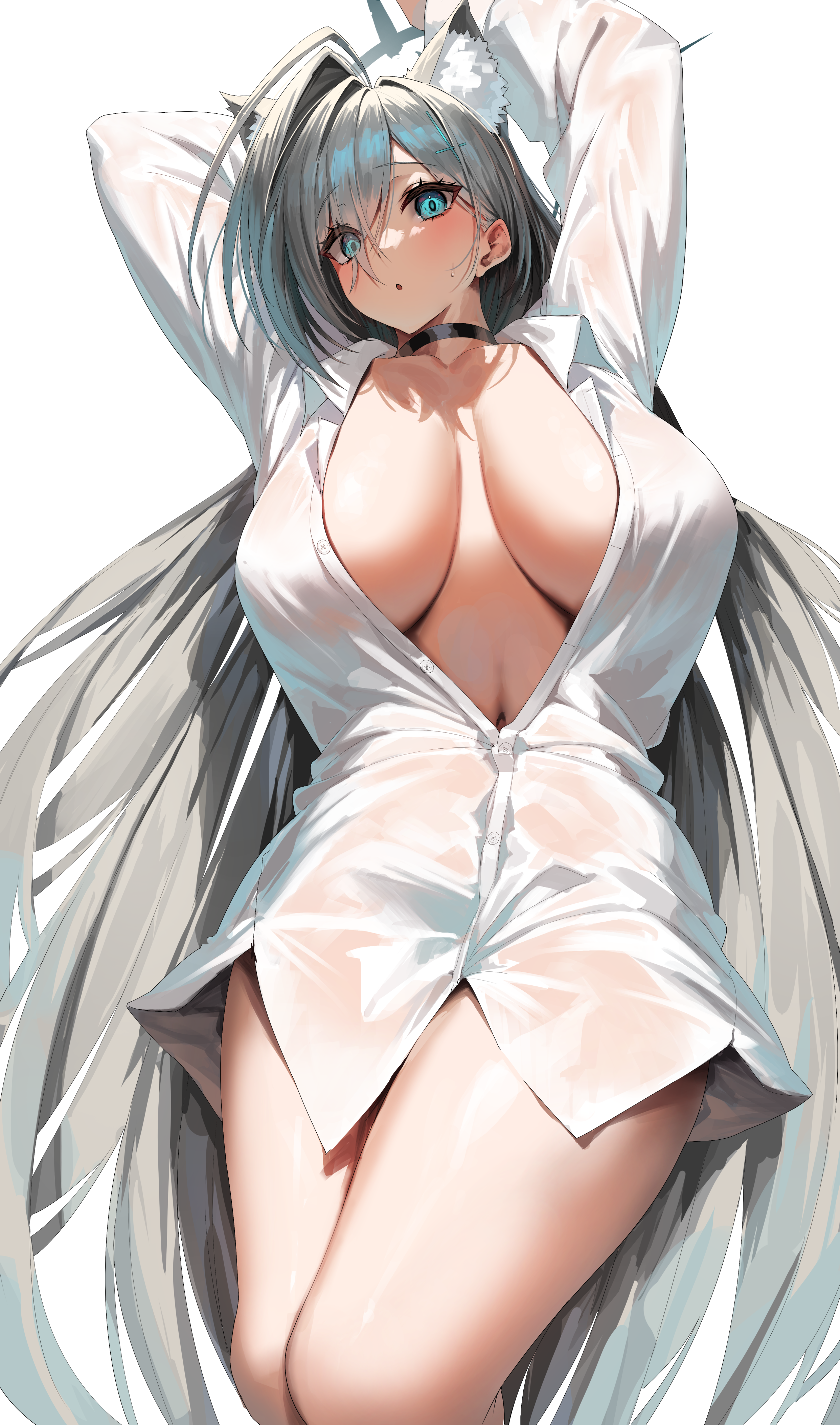 animal_ears blue_archive dress_shirt halo no_bra open_shirt see_through shiroko_terror sunaookami_shiroko yamanokami_eaka