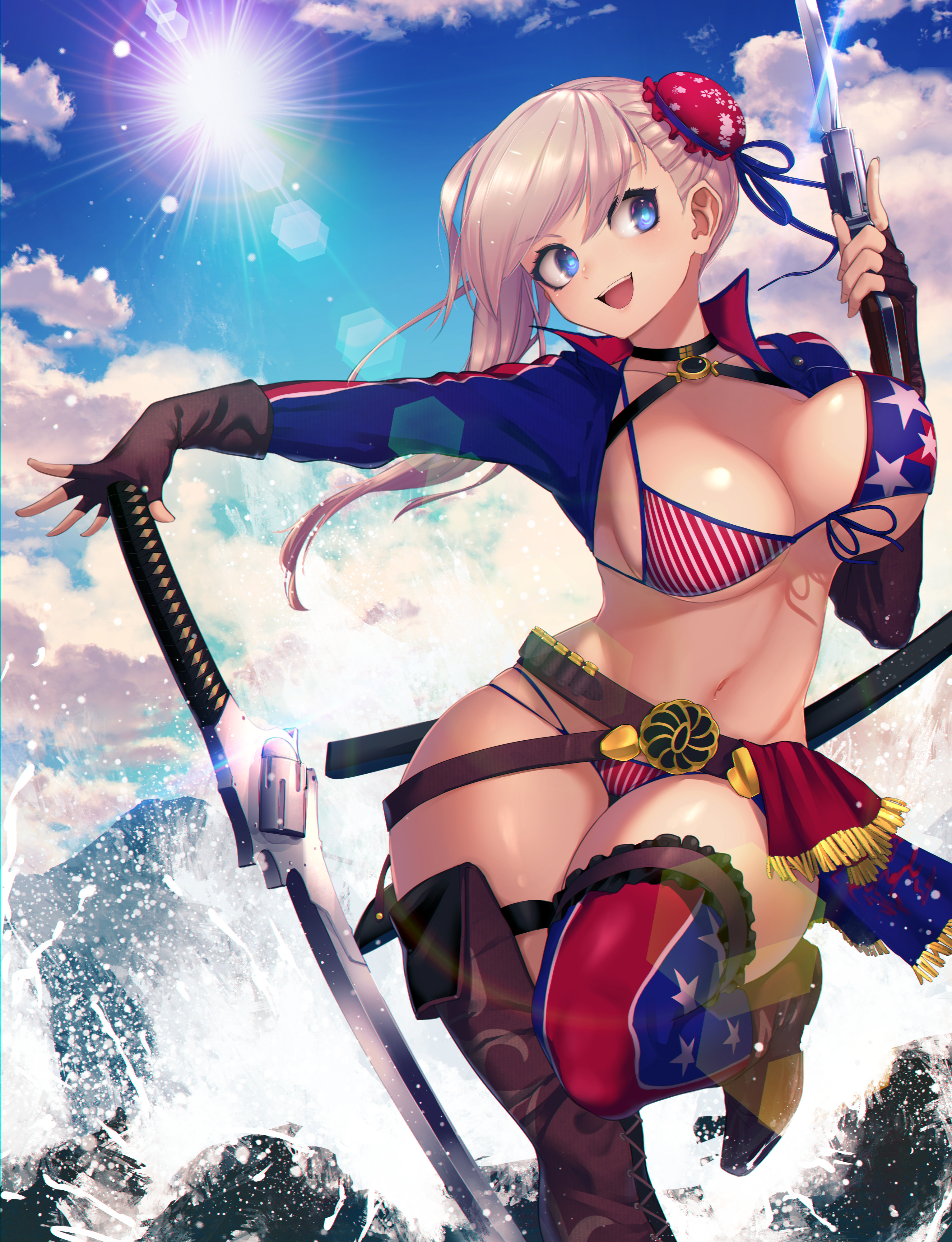 bikini fate/grand_order garter kashu_(hizake) miyamoto_musashi_(fate) open_shirt swimsuits sword thighhighs