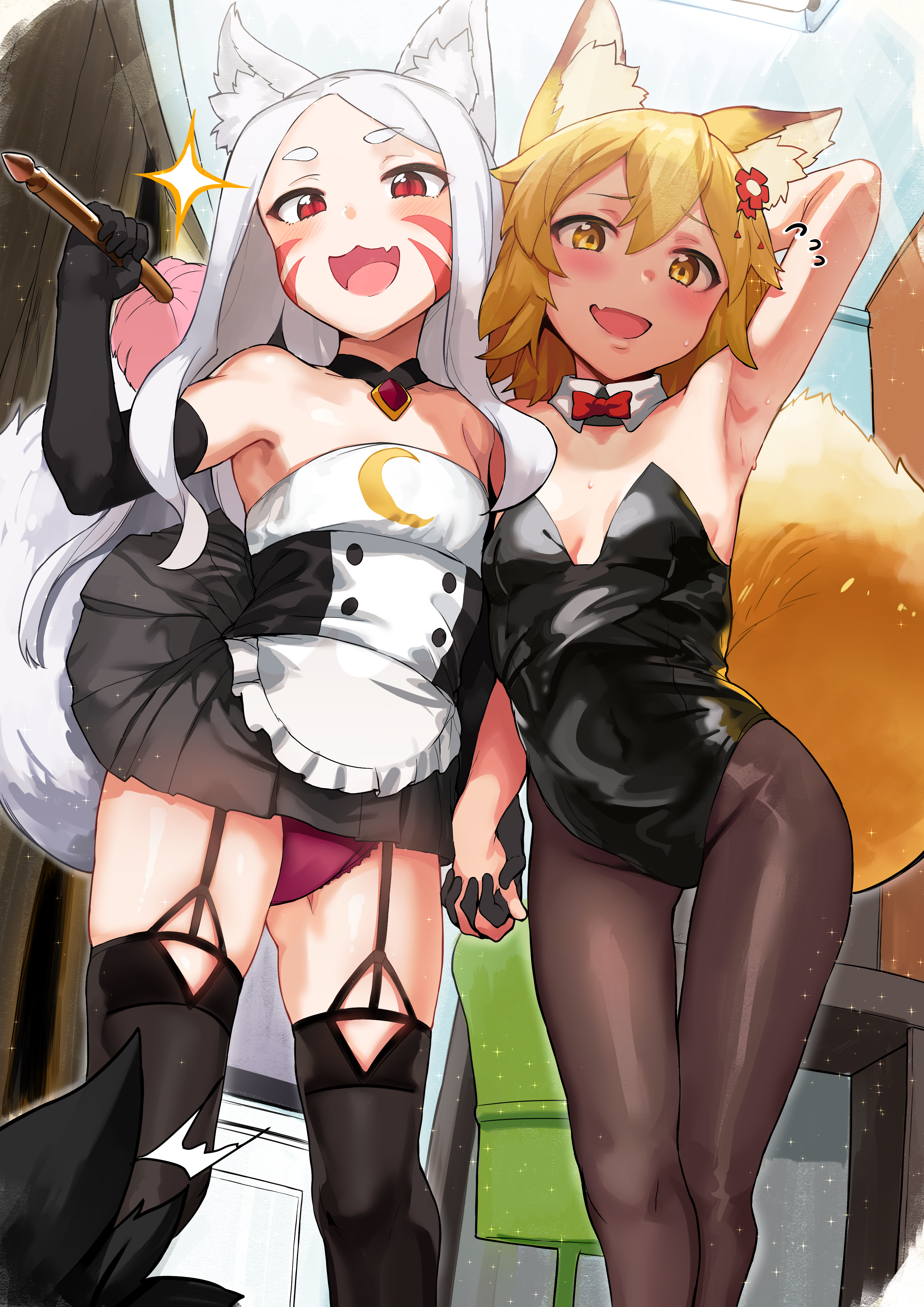 animal_ears cleavage hews kitsune leotard maid pantsu pantyhose senko-san sewayaki_kitsune_no_senko-san shiro_(sewayaki_kitsune_no_senko-san) skirt_lift stockings tail thighhighs