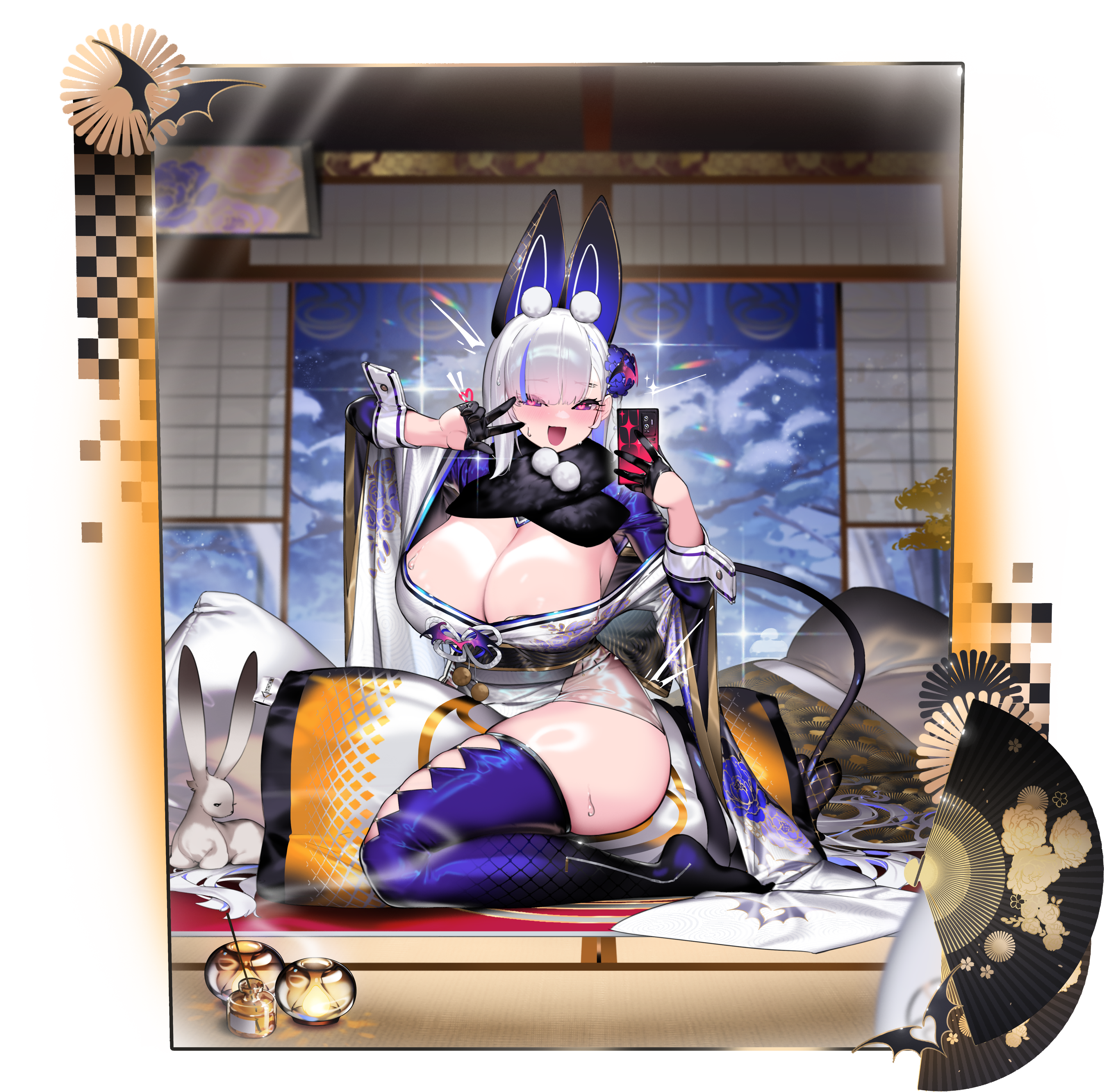 animal_ears cross_core japanese_clothes no_bra see_through selfie tagme tail thighhighs transparent_png wet
