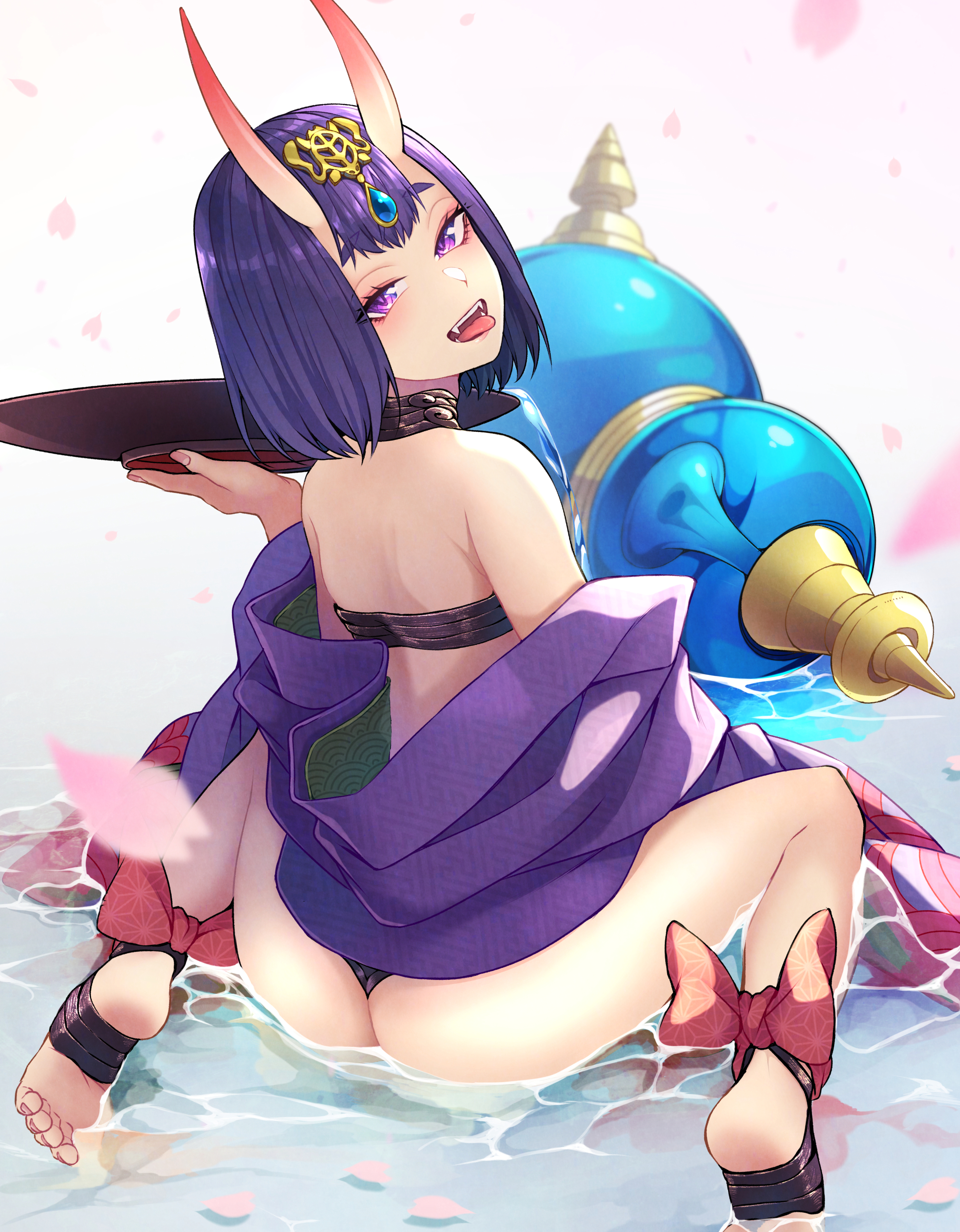 ass fate/grand_order feet horns japanese_clothes kobaji no_bra pantsu shuten_douji_(fate) skirt_lift thong wet