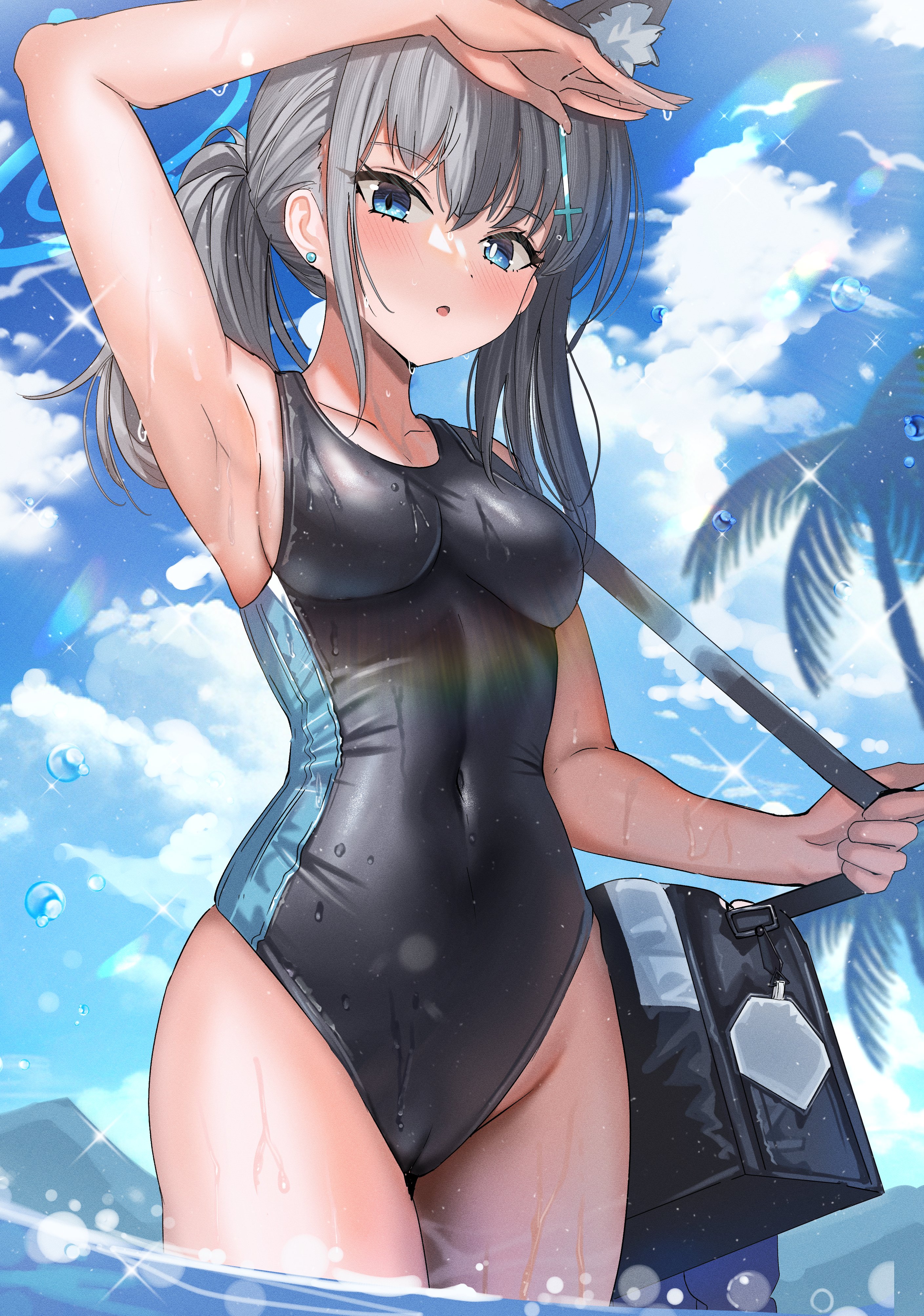 ame_sagari animal_ears blue_archive cameltoe halo nekomimi sunaookami_shiroko swimsuits wet