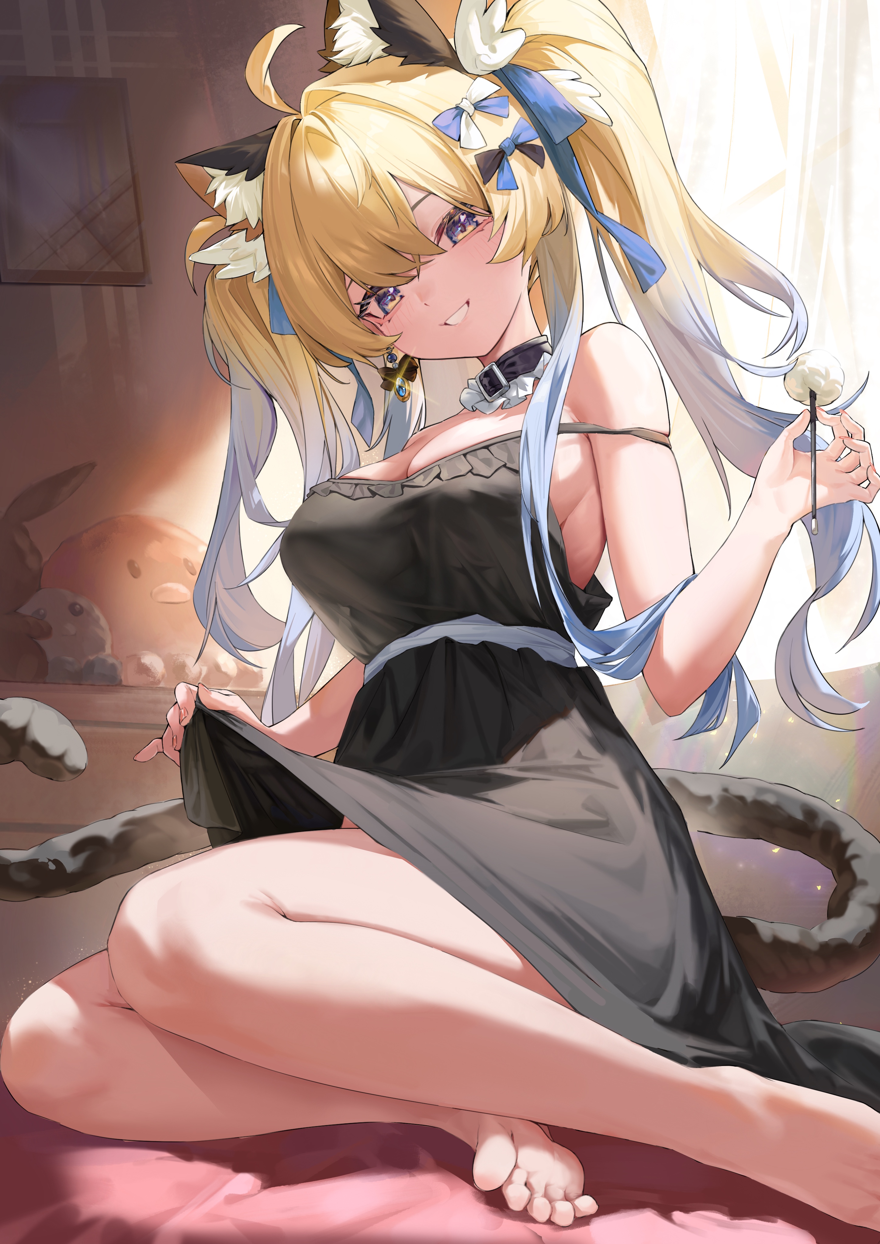 animal_ears dress mr.zhuo nekomimi no_bra skirt_lift tail