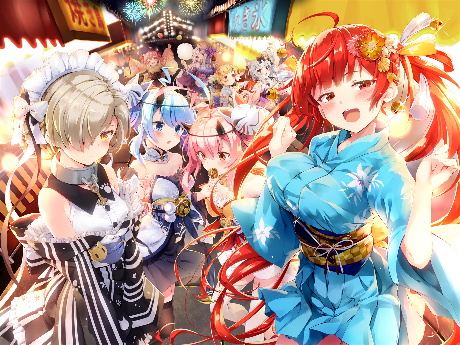 animal_ears azur_lane cygnet_(azur_lane) eldridge_(azur_lane) honolulu_(azur_lane) ikazuchi_(azur_lane) inazuma_(azur_lane) japanese_clothes maid moeki_yuuta saratoga_(azur_lane) sheffield_(azur_lane) wallpaper yukata yukikaze_(azur_lane)