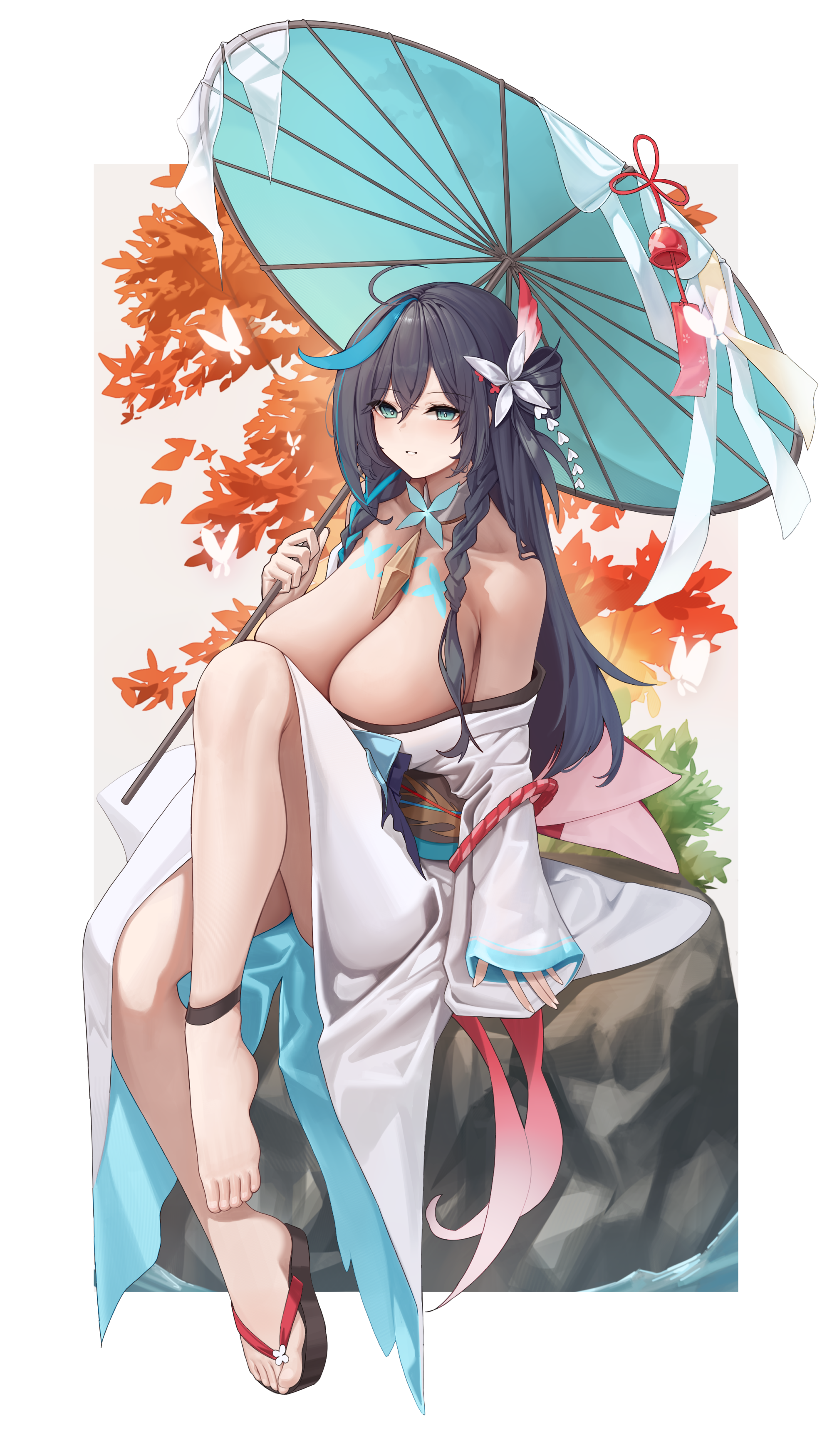 epic7 japanese_clothes mung_(larnec) no_bra skirt_lift tattoo umbrella