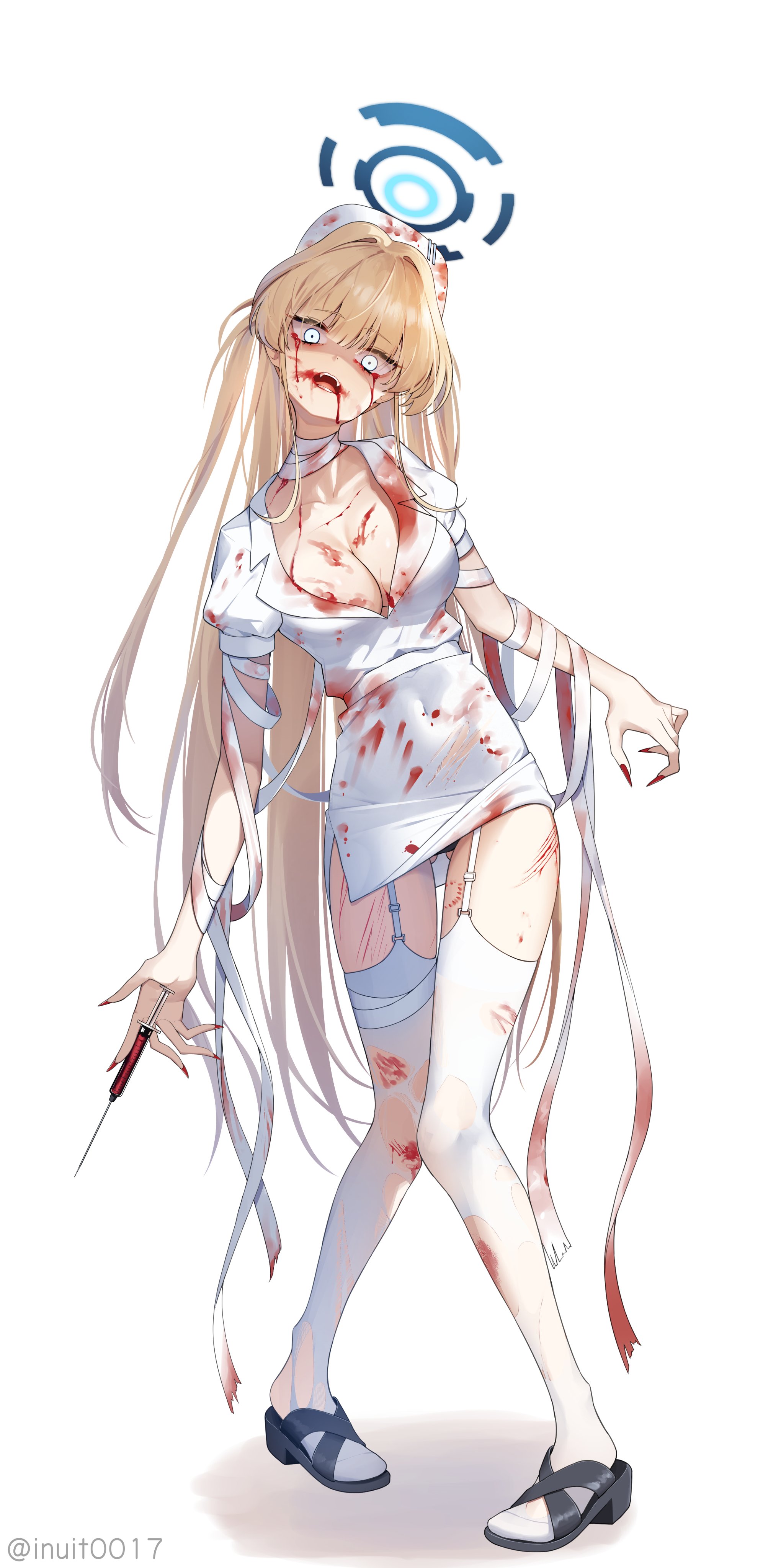 asuma_toki bandages blood blue_archive halo inui_kentarou no_bra nurse open_shirt pantsu skirt_lift stockings thighhighs torn_clothes