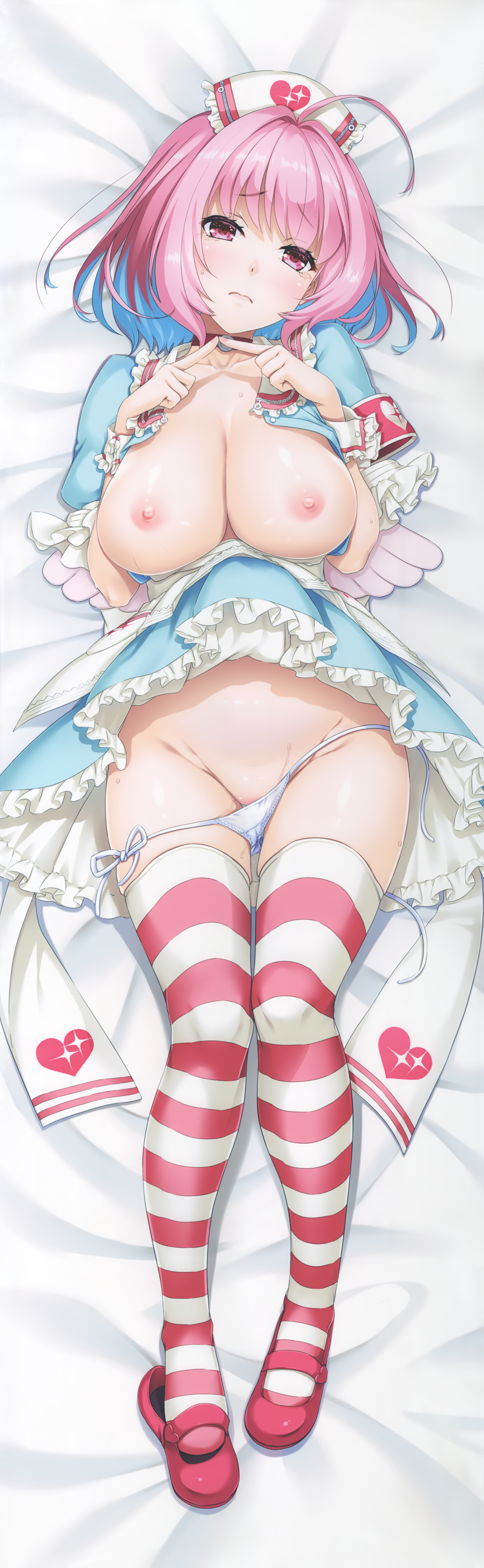 breasts dakimakura digital_lover nakajima_yuka nipples no_bra open_shirt pantsu panty_pull skirt_lift string_panties the_idolm@ster the_idolm@ster_cinderella_girls the_idolm@ster_cinderella_girls_starlight_stage thighhighs yumemi_riamu